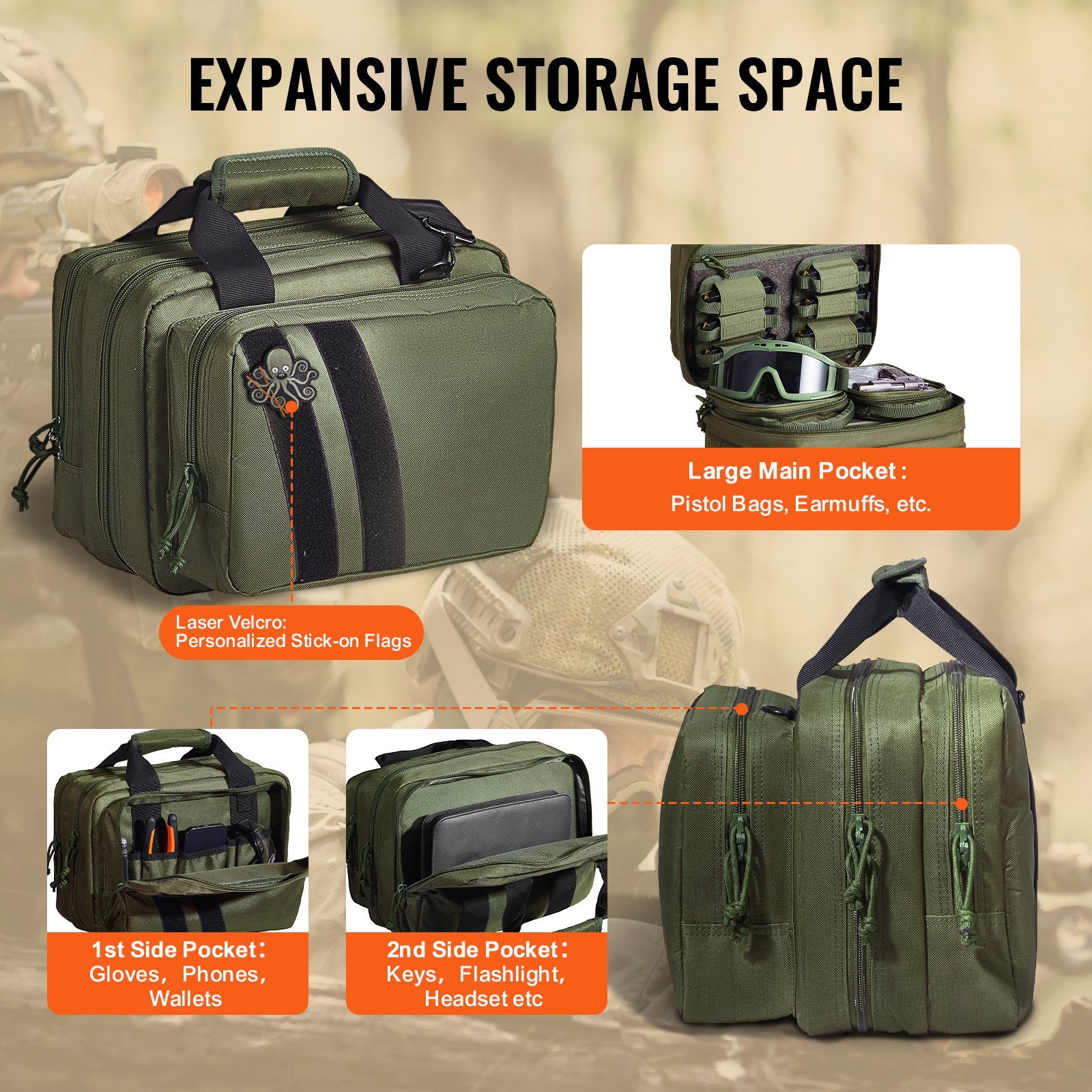 Tactical Range Bag for 2 Pistols with Removable Pistol Pockets, 6 Mag Slots, Lockable & Portable Gun Case for Hunting & Shooting, Green