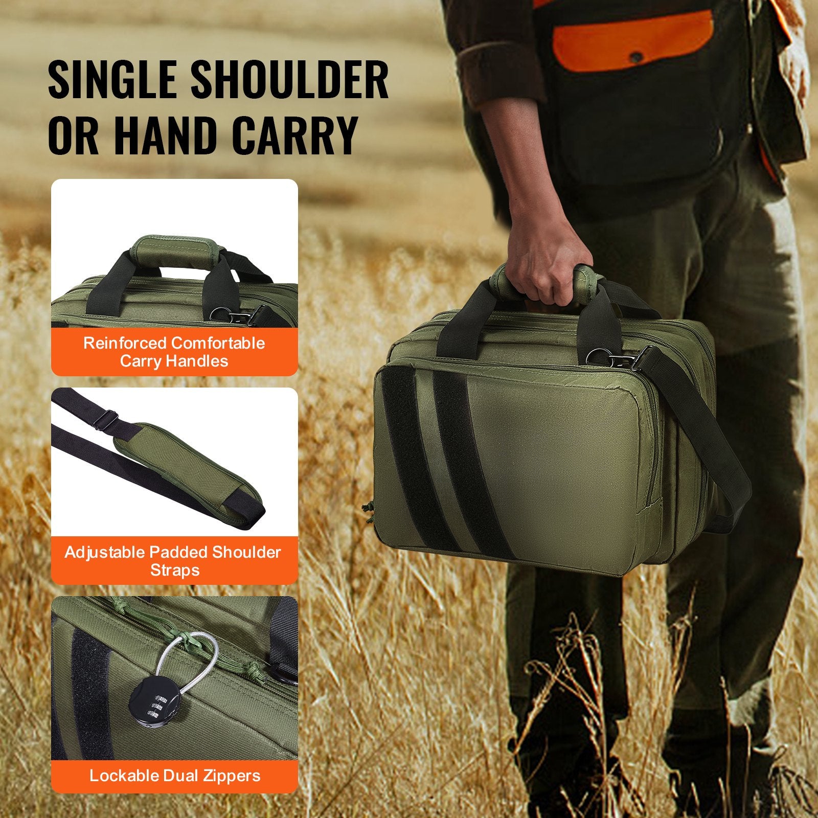 Tactical Range Bag for 2 Pistols with Removable Pistol Pockets, 6 Mag Slots, Lockable & Portable Gun Case for Hunting & Shooting, Green