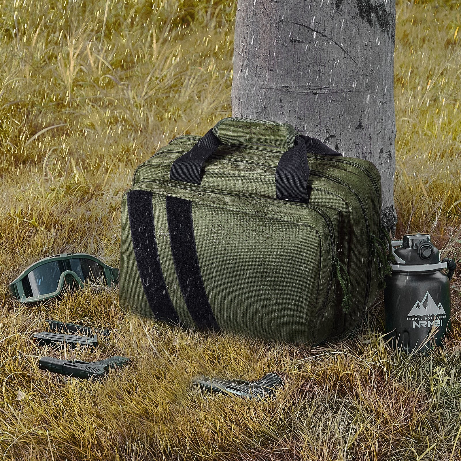 Tactical Range Bag for 2 Pistols with Removable Pistol Pockets, 6 Mag Slots, Lockable & Portable Gun Case for Hunting & Shooting, Green