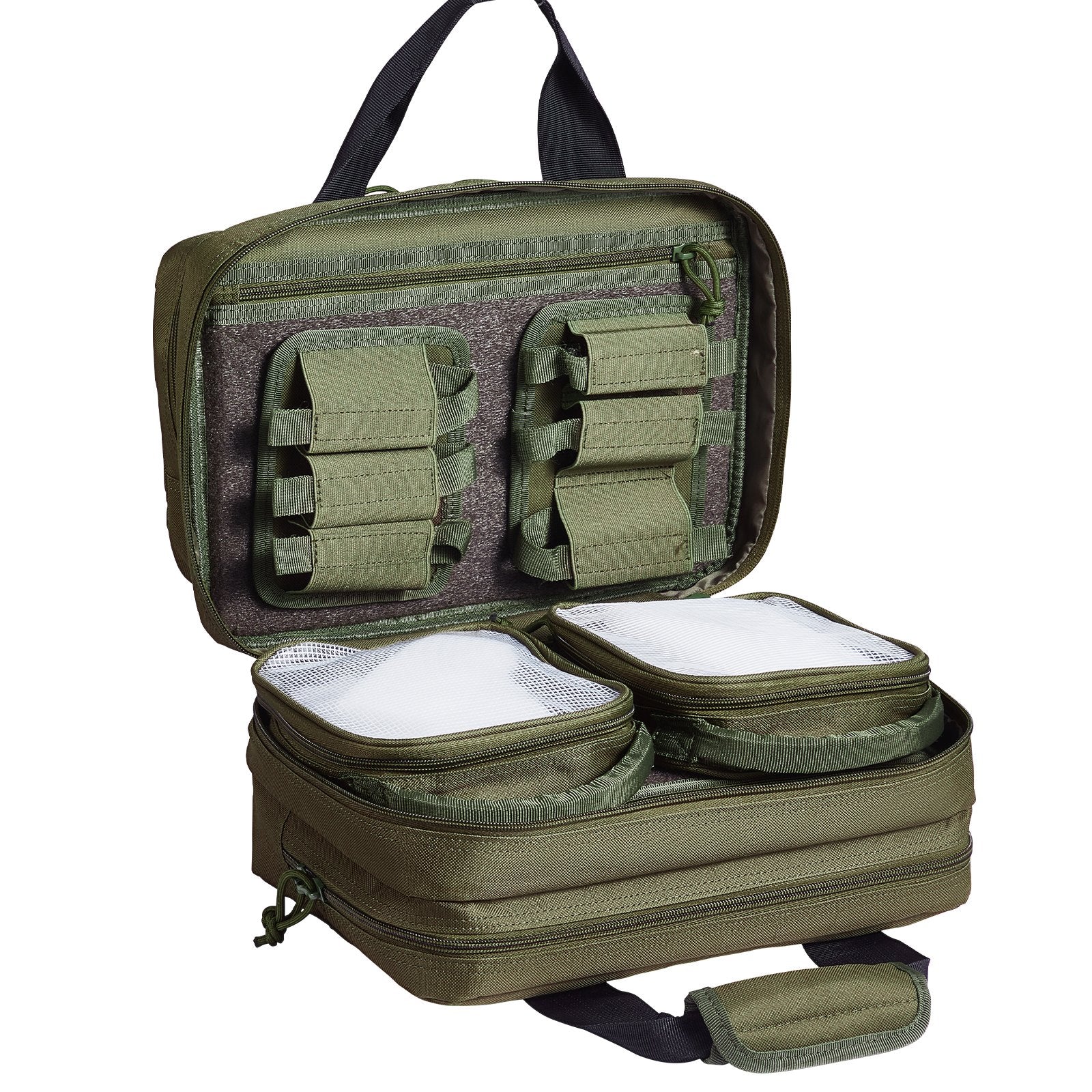 Tactical Range Bag for 2 Pistols with Removable Pistol Pockets, 6 Mag Slots, Lockable & Portable Gun Case for Hunting & Shooting, Green