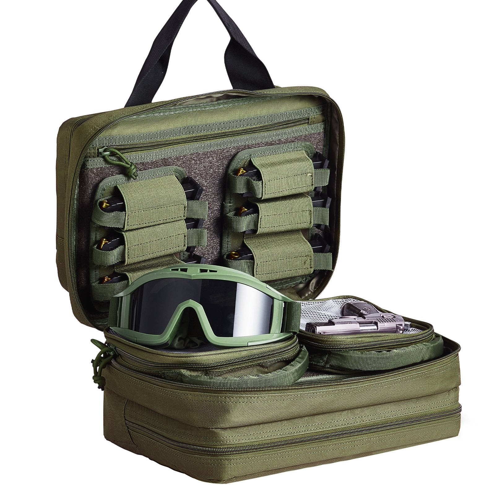 Tactical Range Bag for 2 Pistols with Removable Pistol Pockets, 6 Mag Slots, Lockable & Portable Gun Case for Hunting & Shooting, Green