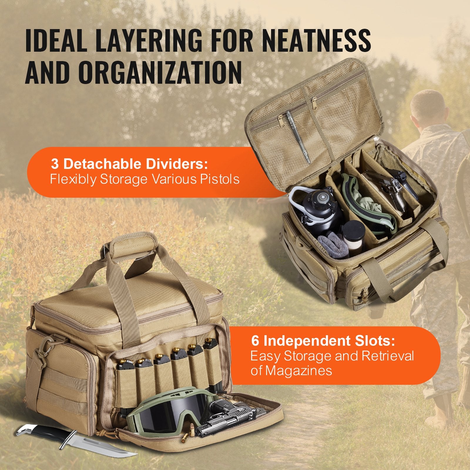 Brown Tactical Gun Range Bag for Outdoor Shooting - Holds 4 Pistols, 6 Magazines, with 3 Detachable Dividers & Single Shoulder Strap