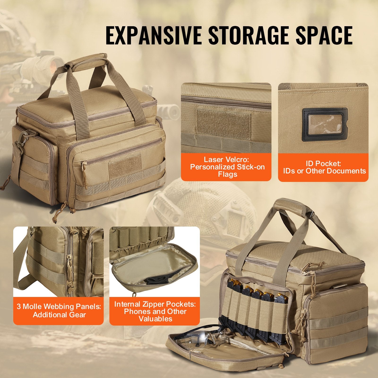 Brown Tactical Gun Range Bag for Outdoor Shooting - Holds 4 Pistols, 6 Magazines, with 3 Detachable Dividers & Single Shoulder Strap