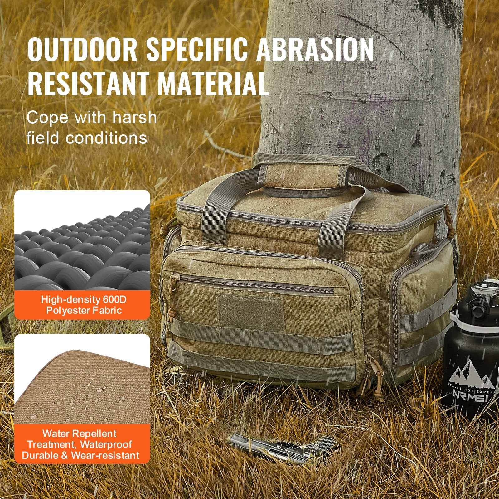 Brown Tactical Gun Range Bag for Outdoor Shooting - Holds 4 Pistols, 6 Magazines, with 3 Detachable Dividers & Single Shoulder Strap