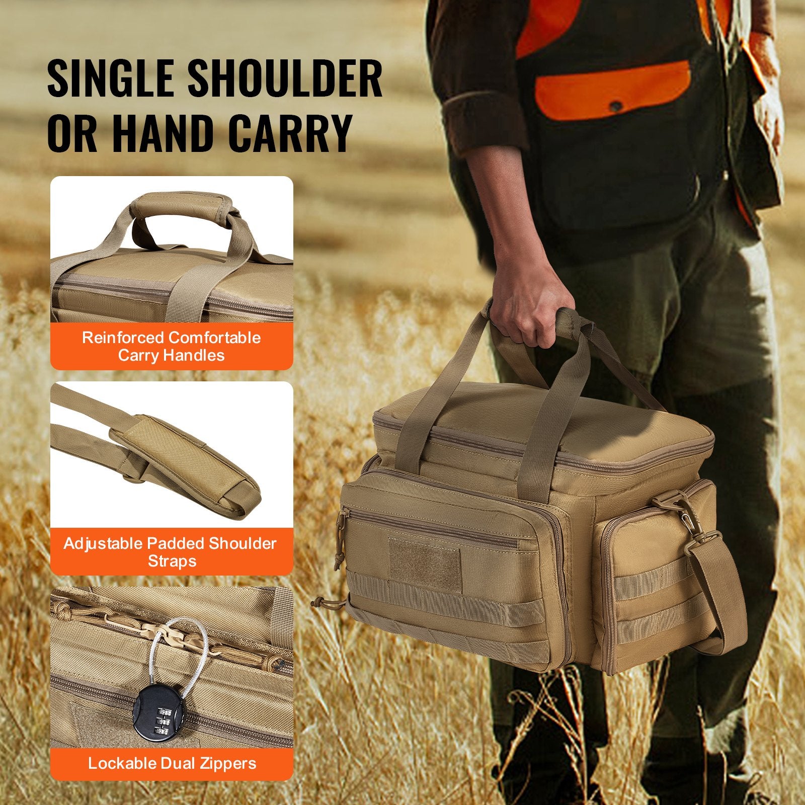 Brown Tactical Gun Range Bag for Outdoor Shooting - Holds 4 Pistols, 6 Magazines, with 3 Detachable Dividers & Single Shoulder Strap