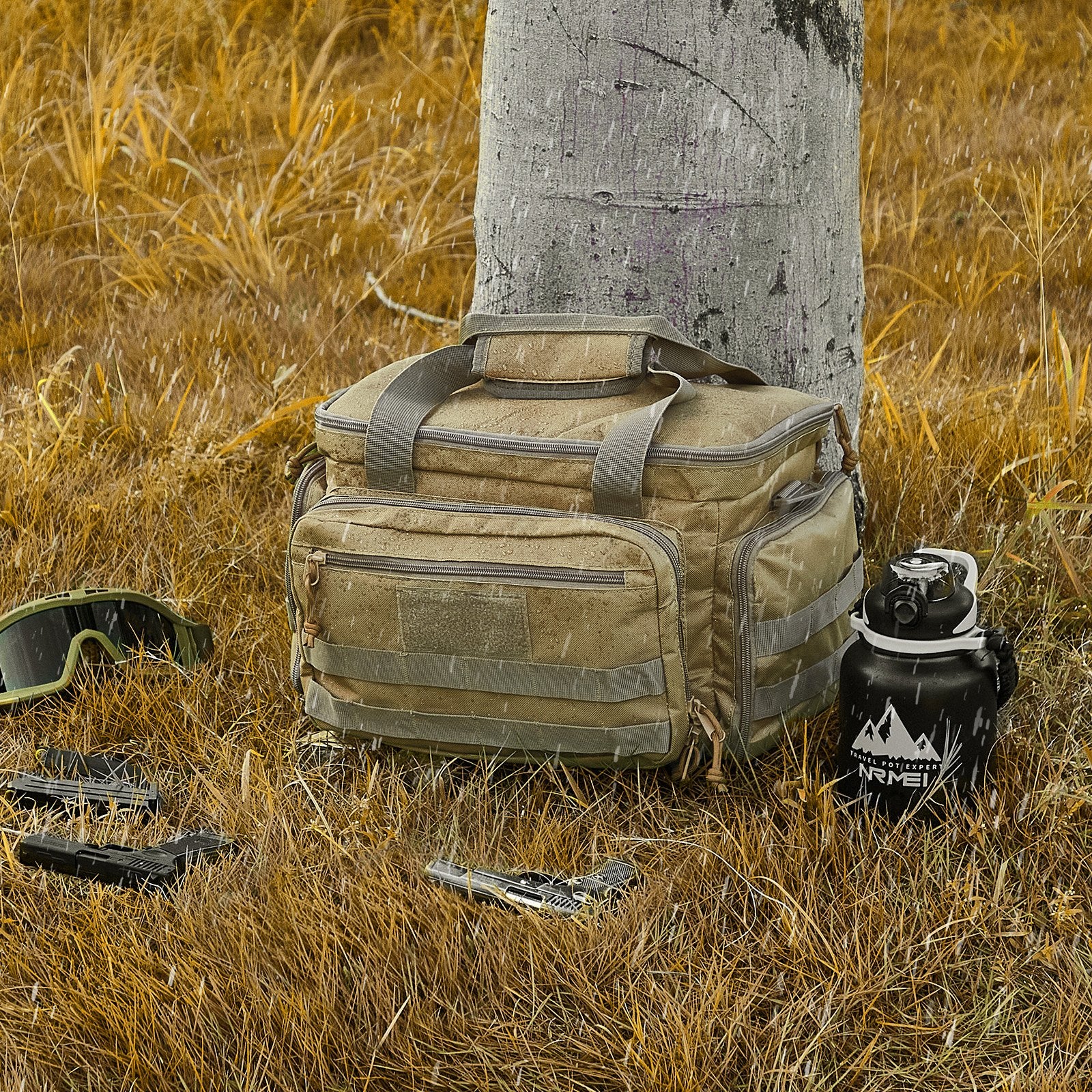 Brown Tactical Gun Range Bag for Outdoor Shooting - Holds 4 Pistols, 6 Magazines, with 3 Detachable Dividers & Single Shoulder Strap