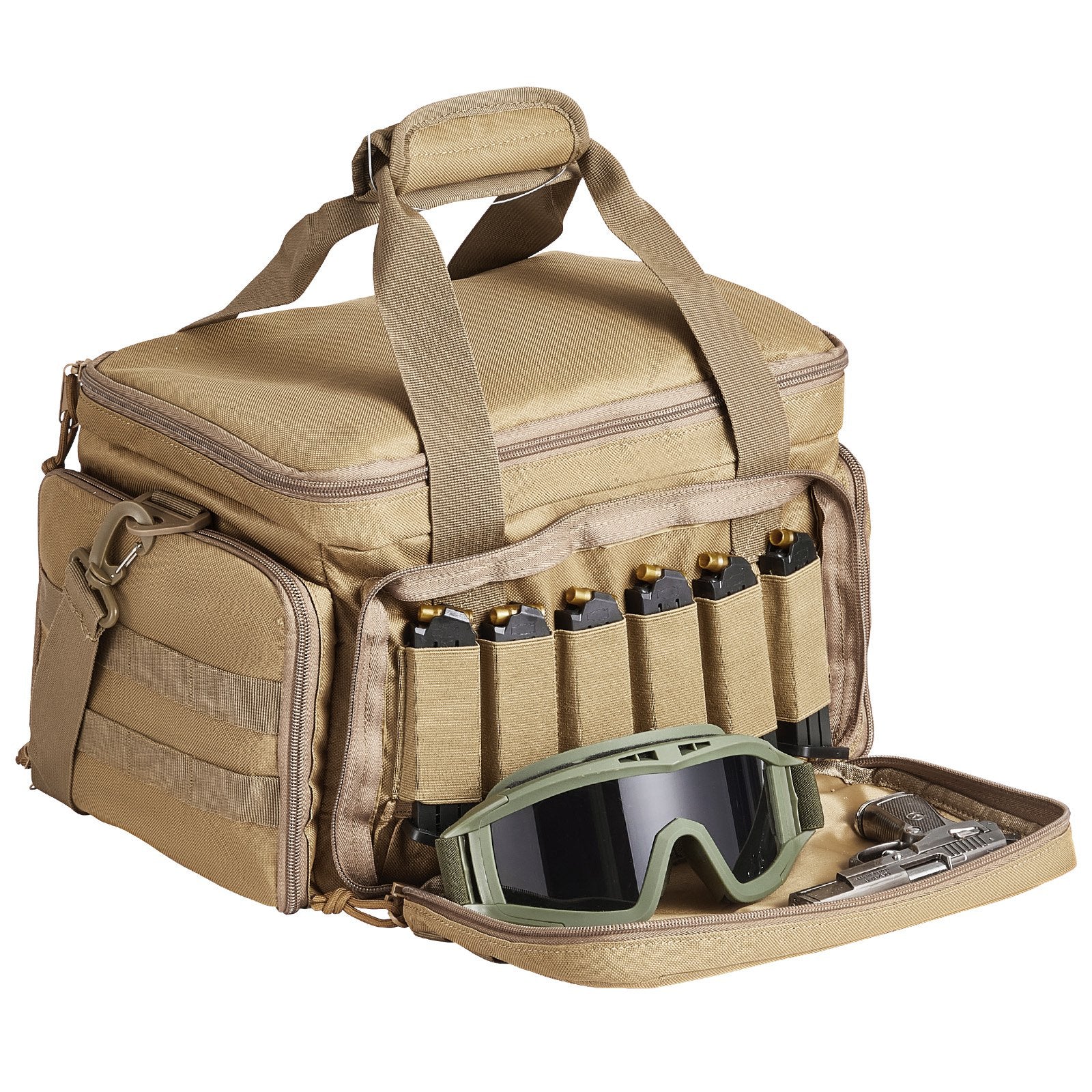 Brown Tactical Gun Range Bag for Outdoor Shooting - Holds 4 Pistols, 6 Magazines, with 3 Detachable Dividers & Single Shoulder Strap