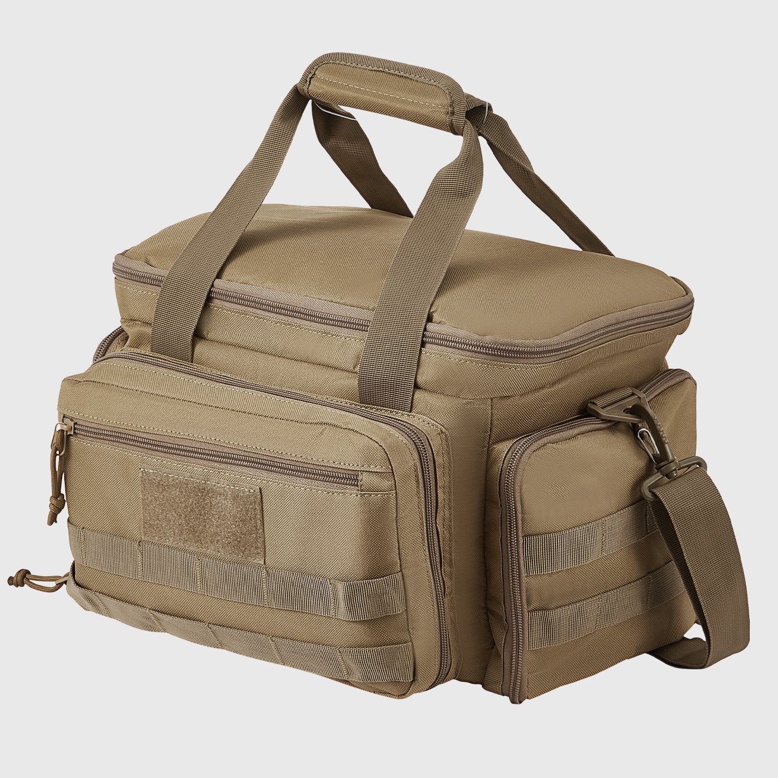 Brown Tactical Gun Range Bag for Outdoor Shooting - Holds 4 Pistols, 6 Magazines, with 3 Detachable Dividers & Single Shoulder Strap