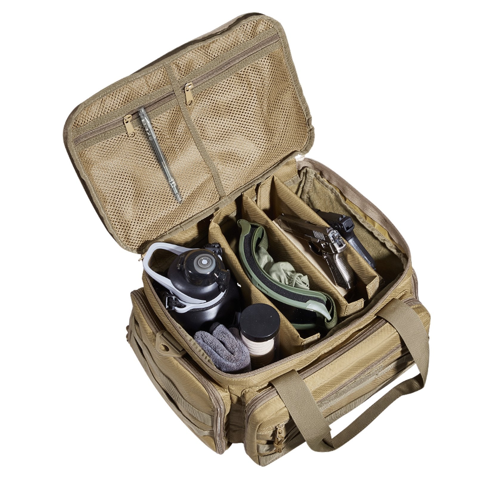 Brown Tactical Gun Range Bag for Outdoor Shooting - Holds 4 Pistols, 6 Magazines, with 3 Detachable Dividers & Single Shoulder Strap