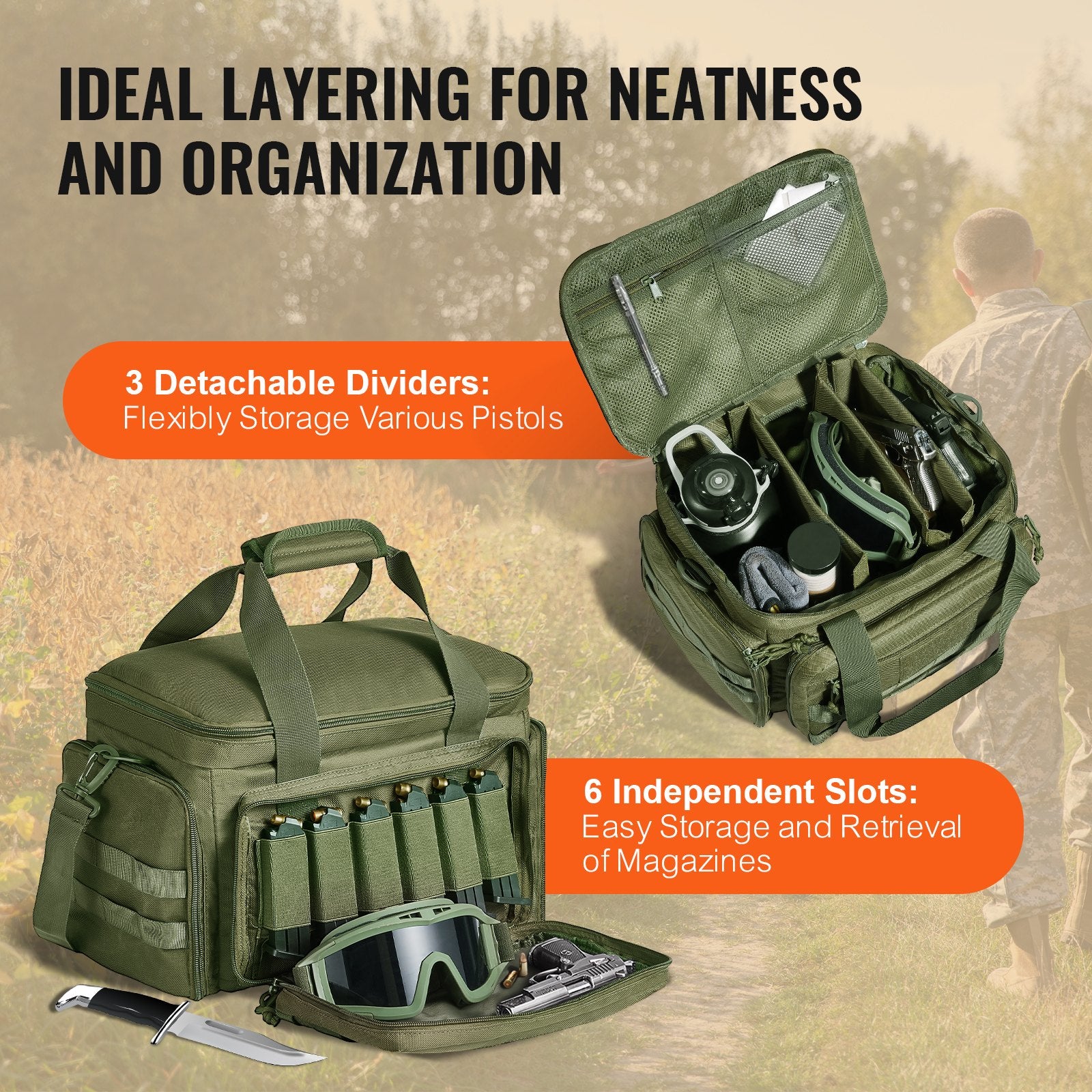 Versatile Tactical Range Bag for 4 Pistols with 3 Detachable Dividers, 6 Magazines, and Single Shoulder Strap - Perfect for Outdoor Shooting and Hunting Adventures, Green