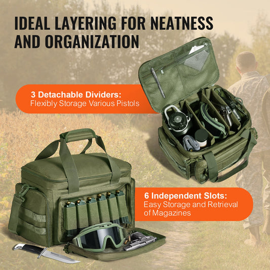 Versatile Tactical Range Bag for 4 Pistols with 3 Detachable Dividers, 6 Magazines, and Single Shoulder Strap - Perfect for Outdoor Shooting and Hunting Adventures, Green