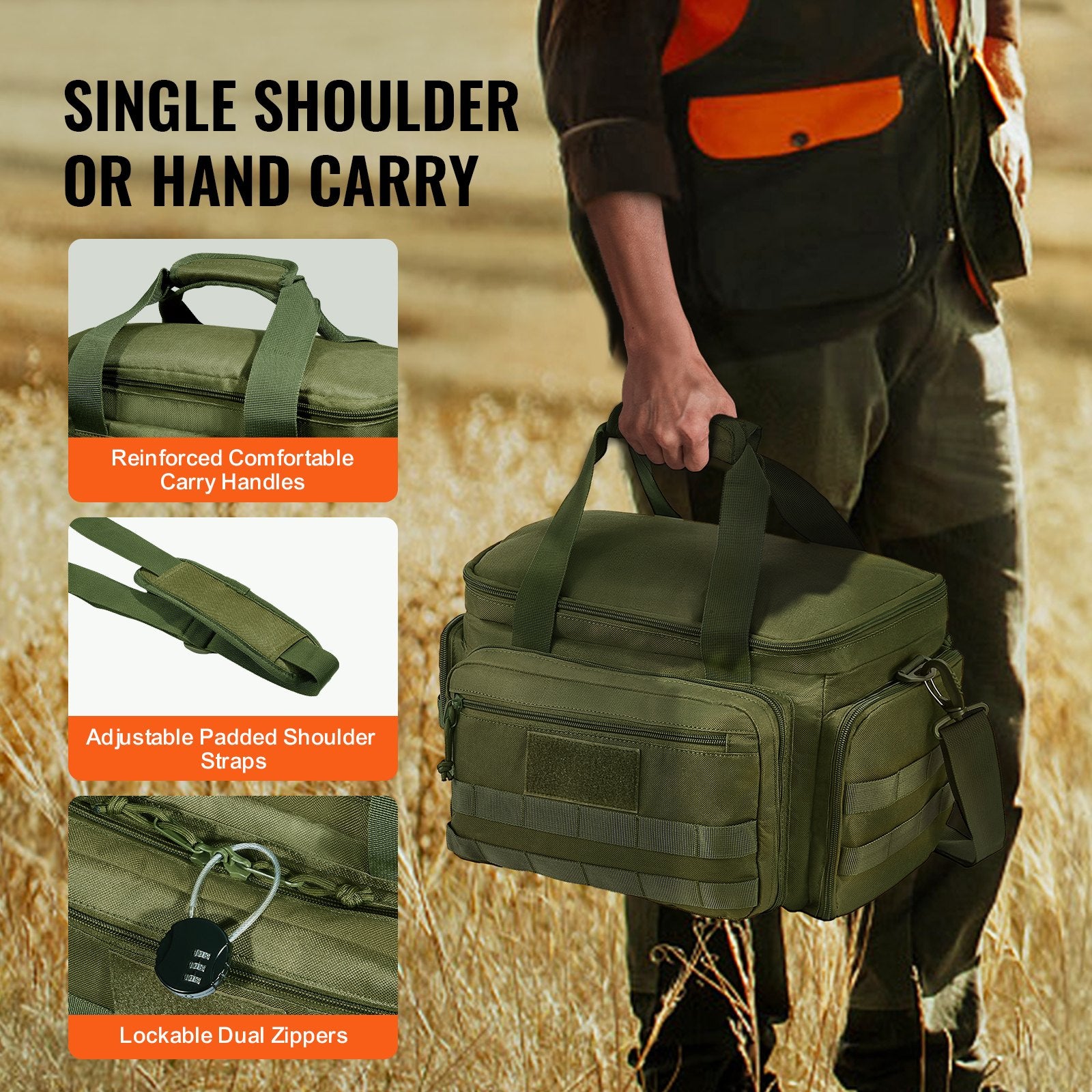 Versatile Tactical Range Bag for 4 Pistols with 3 Detachable Dividers, 6 Magazines, and Single Shoulder Strap - Perfect for Outdoor Shooting and Hunting Adventures, Green