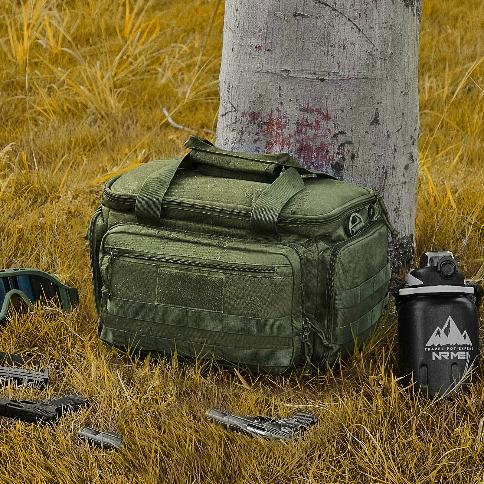 Versatile Tactical Range Bag for 4 Pistols with 3 Detachable Dividers, 6 Magazines, and Single Shoulder Strap - Perfect for Outdoor Shooting and Hunting Adventures, Green