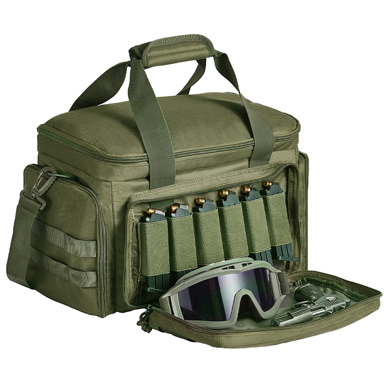 Versatile Tactical Range Bag for 4 Pistols with 3 Detachable Dividers, 6 Magazines, and Single Shoulder Strap - Perfect for Outdoor Shooting and Hunting Adventures, Green