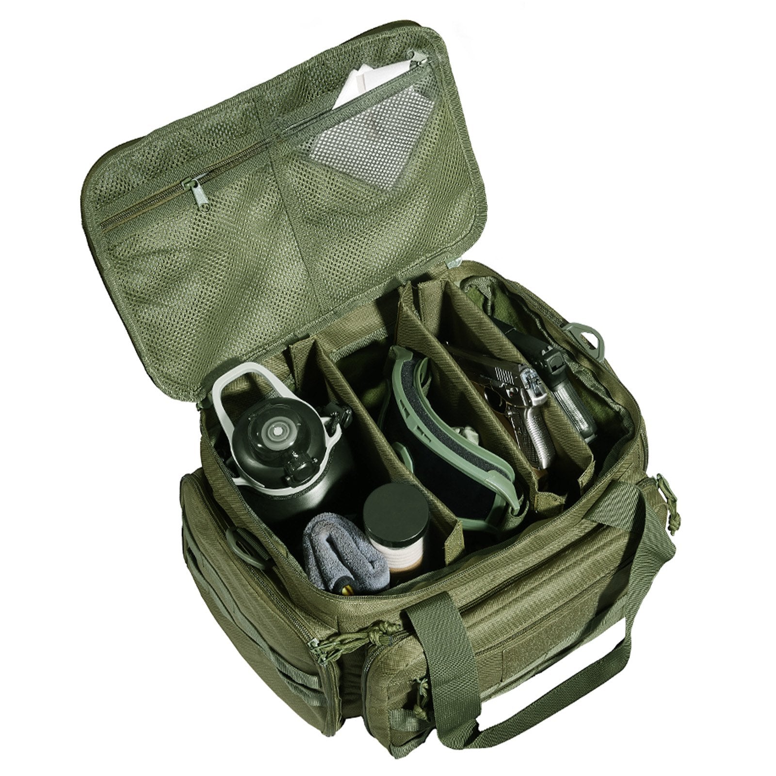 Versatile Tactical Range Bag for 4 Pistols with 3 Detachable Dividers, 6 Magazines, and Single Shoulder Strap - Perfect for Outdoor Shooting and Hunting Adventures, Green