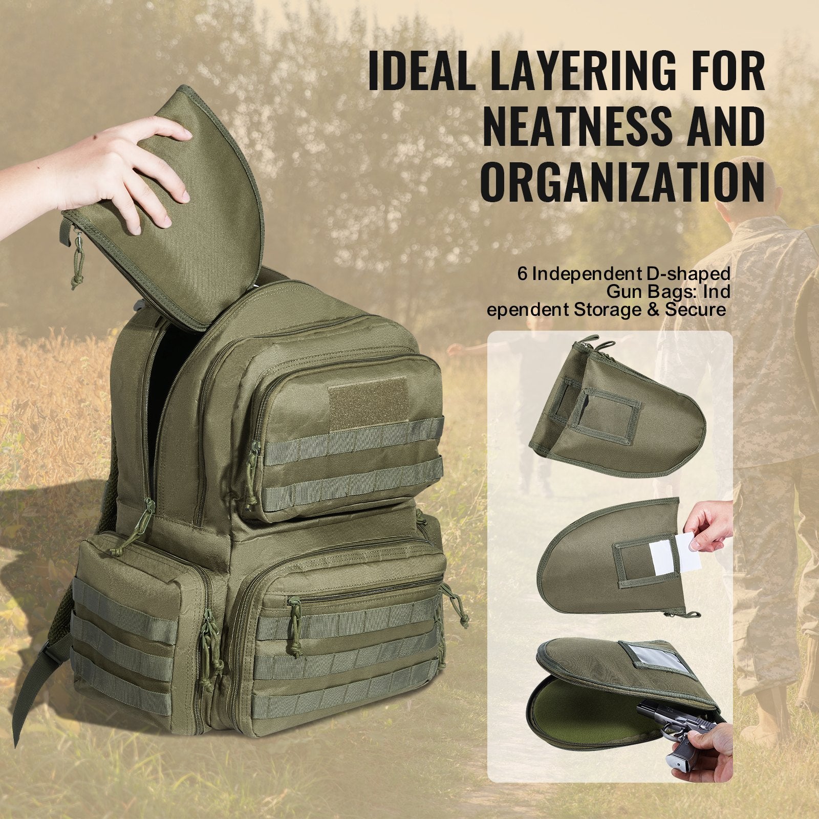 Versatile Tactical Backpack for 6 Pistols with Lockable Zipper, 10 Magazine Slots, and Independent Pistol Bags for Hunting and Shooting Adventures