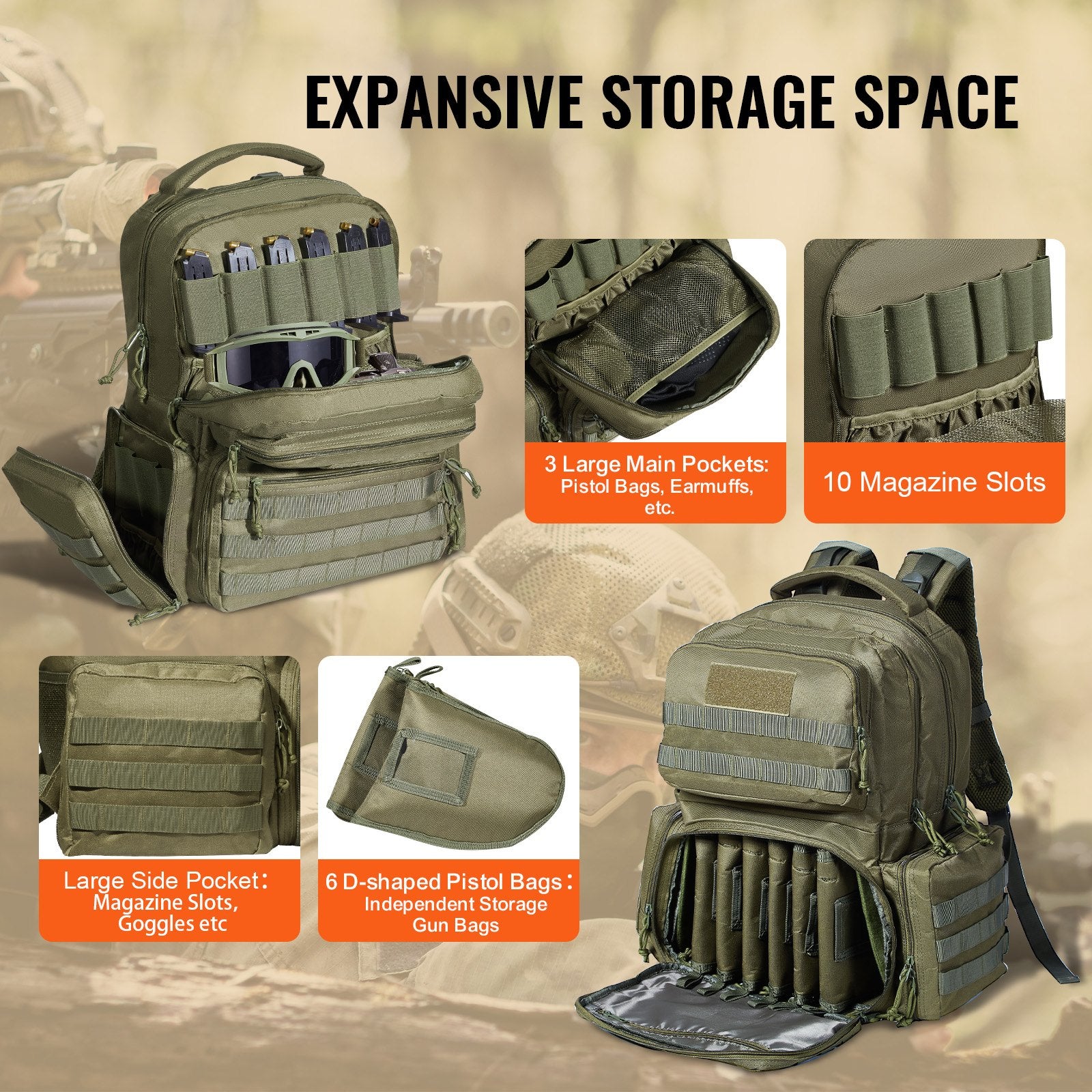 Versatile Tactical Backpack for 6 Pistols with Lockable Zipper, 10 Magazine Slots, and Independent Pistol Bags for Hunting and Shooting Adventures