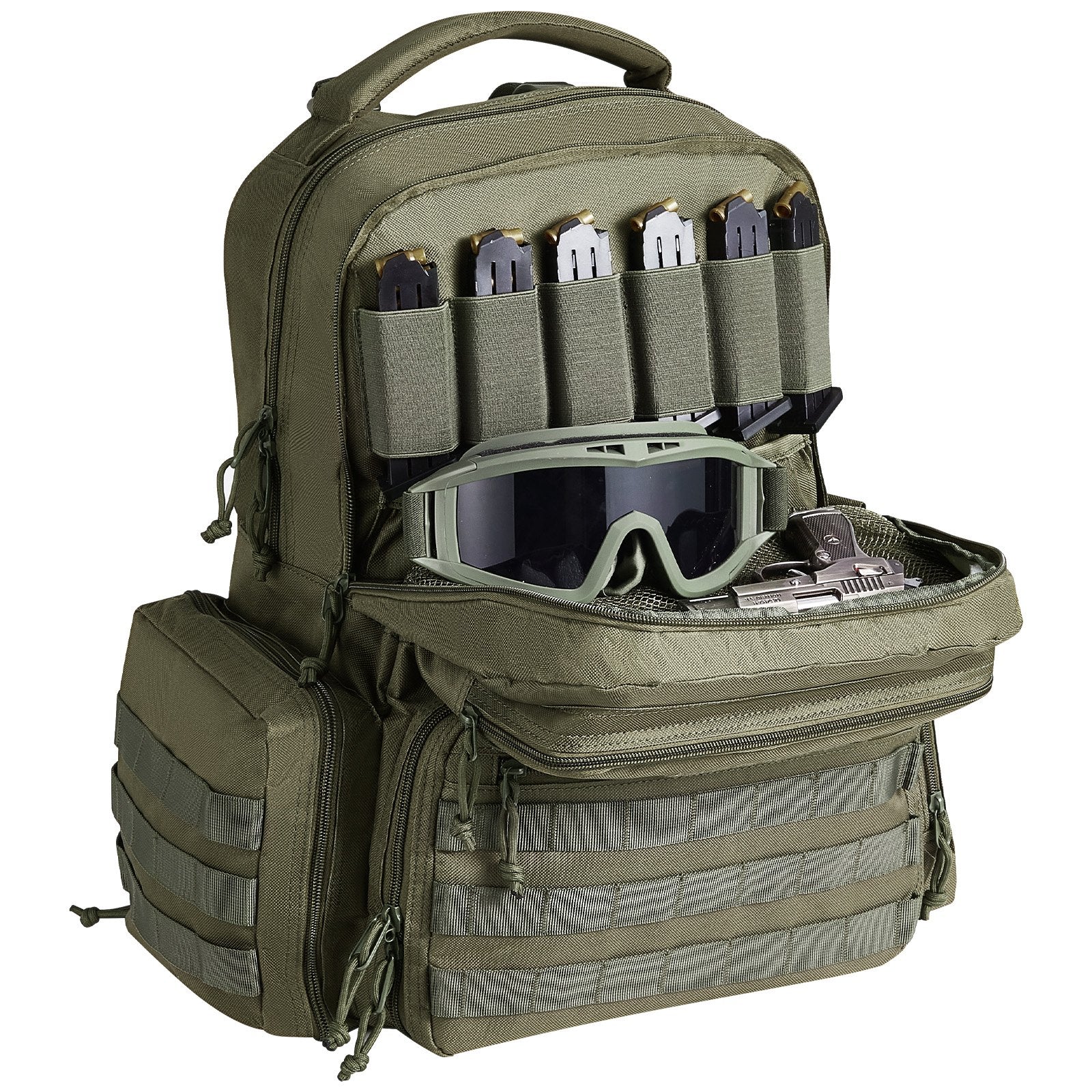 Versatile Tactical Backpack for 6 Pistols with Lockable Zipper, 10 Magazine Slots, and Independent Pistol Bags for Hunting and Shooting Adventures