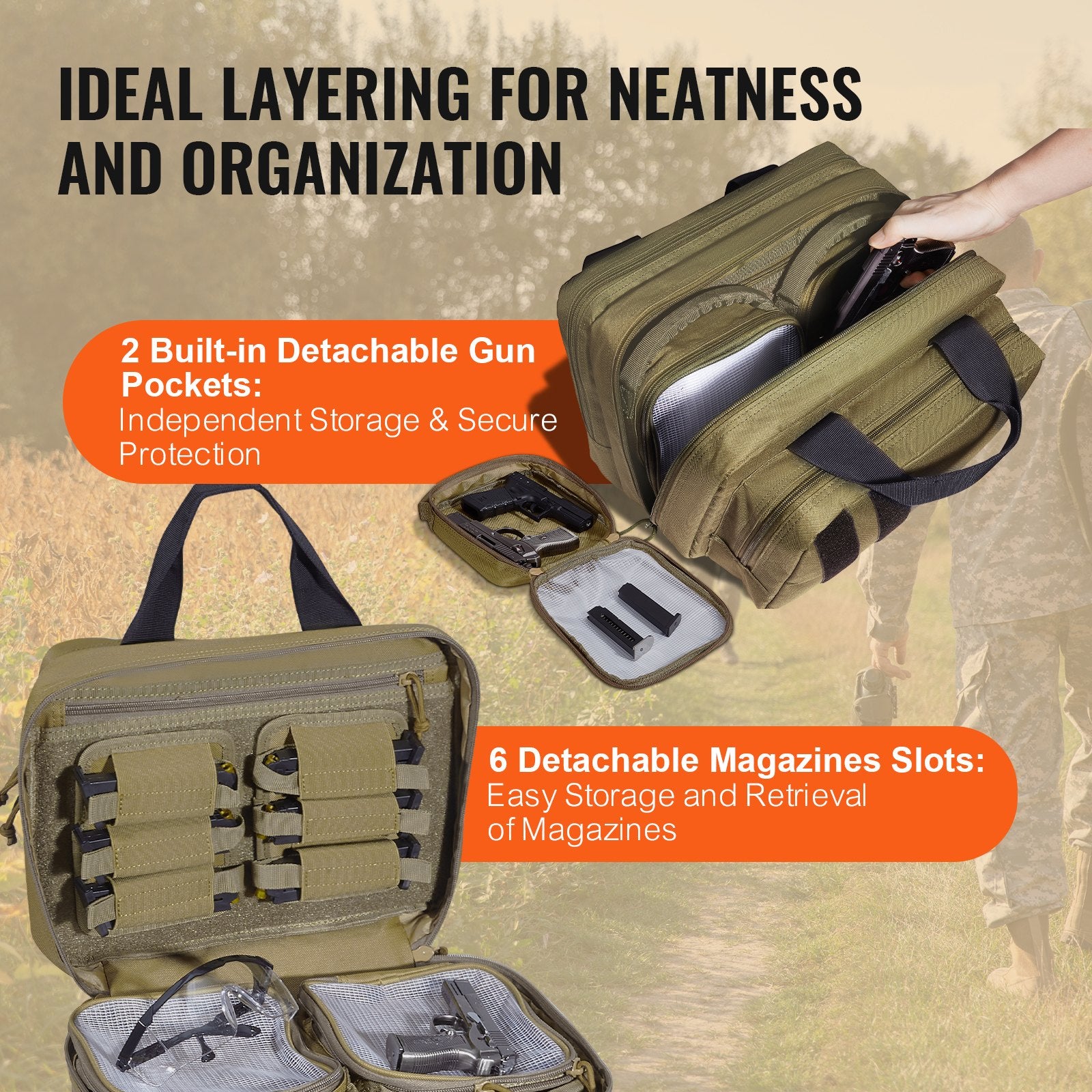 Tactical Range Bag for 2 Pistols with Removable Pistol Bags, 6 Detachable Magazines, Lockable Handgun Case for Hunting & Shooting, Brown