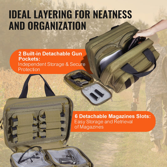 Tactical Range Bag for 2 Pistols with Removable Pistol Bags, 6 Detachable Magazines, Lockable Handgun Case for Hunting & Shooting, Brown