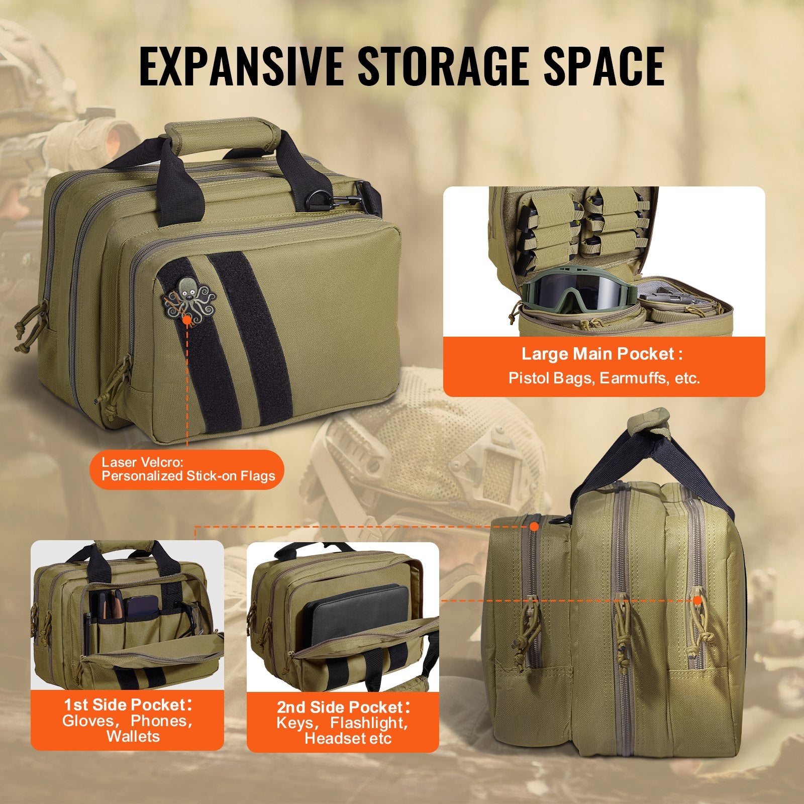 Tactical Range Bag for 2 Pistols with Removable Pistol Bags, 6 Detachable Magazines, Lockable Handgun Case for Hunting & Shooting, Brown