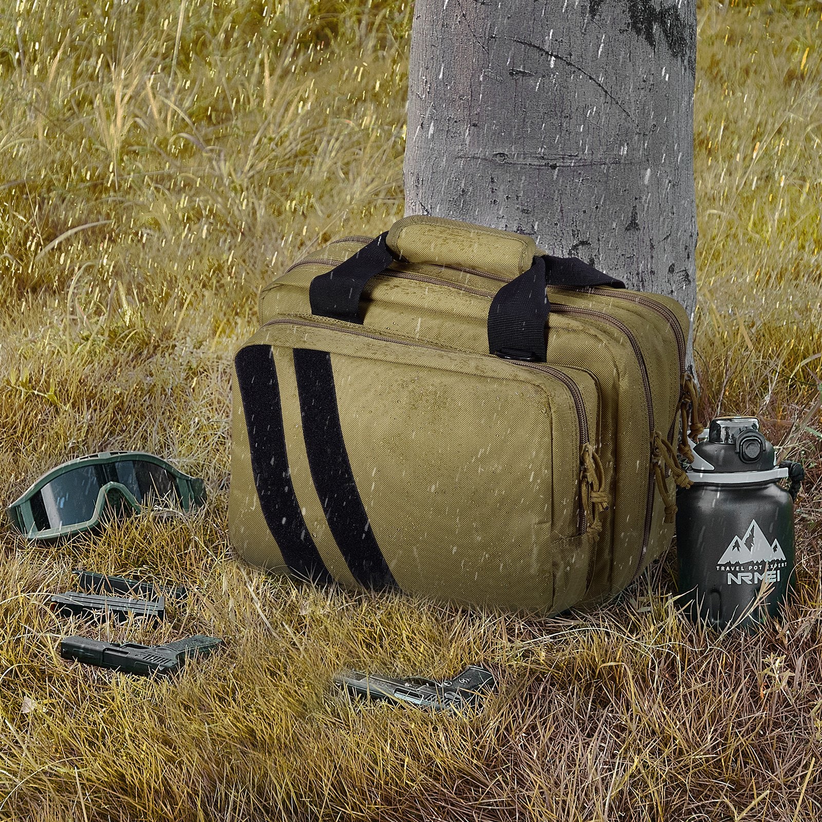 Tactical Range Bag for 2 Pistols with Removable Pistol Bags, 6 Detachable Magazines, Lockable Handgun Case for Hunting & Shooting, Brown