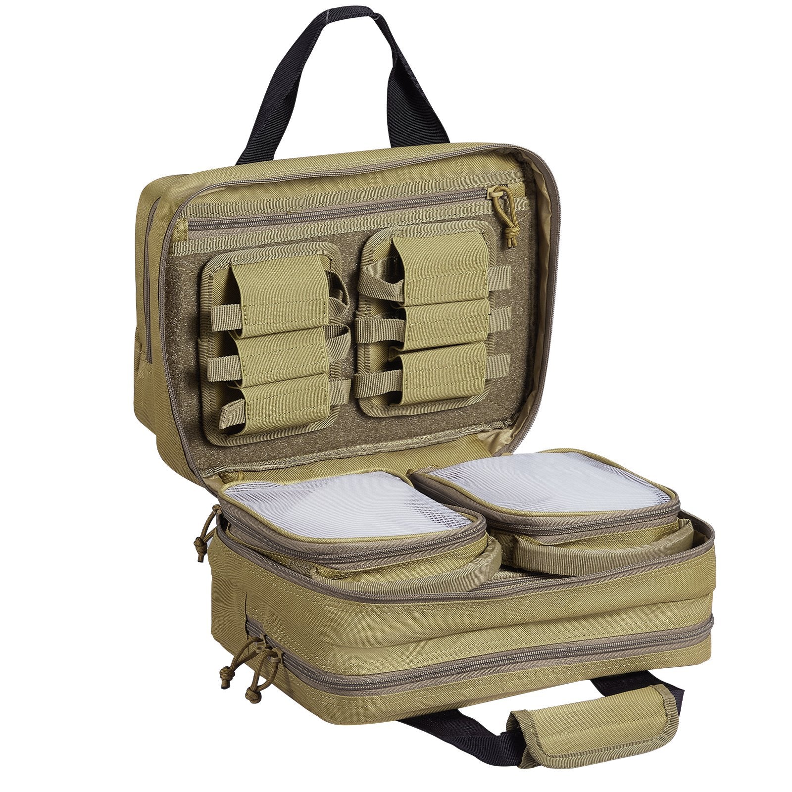 Tactical Range Bag for 2 Pistols with Removable Pistol Bags, 6 Detachable Magazines, Lockable Handgun Case for Hunting & Shooting, Brown