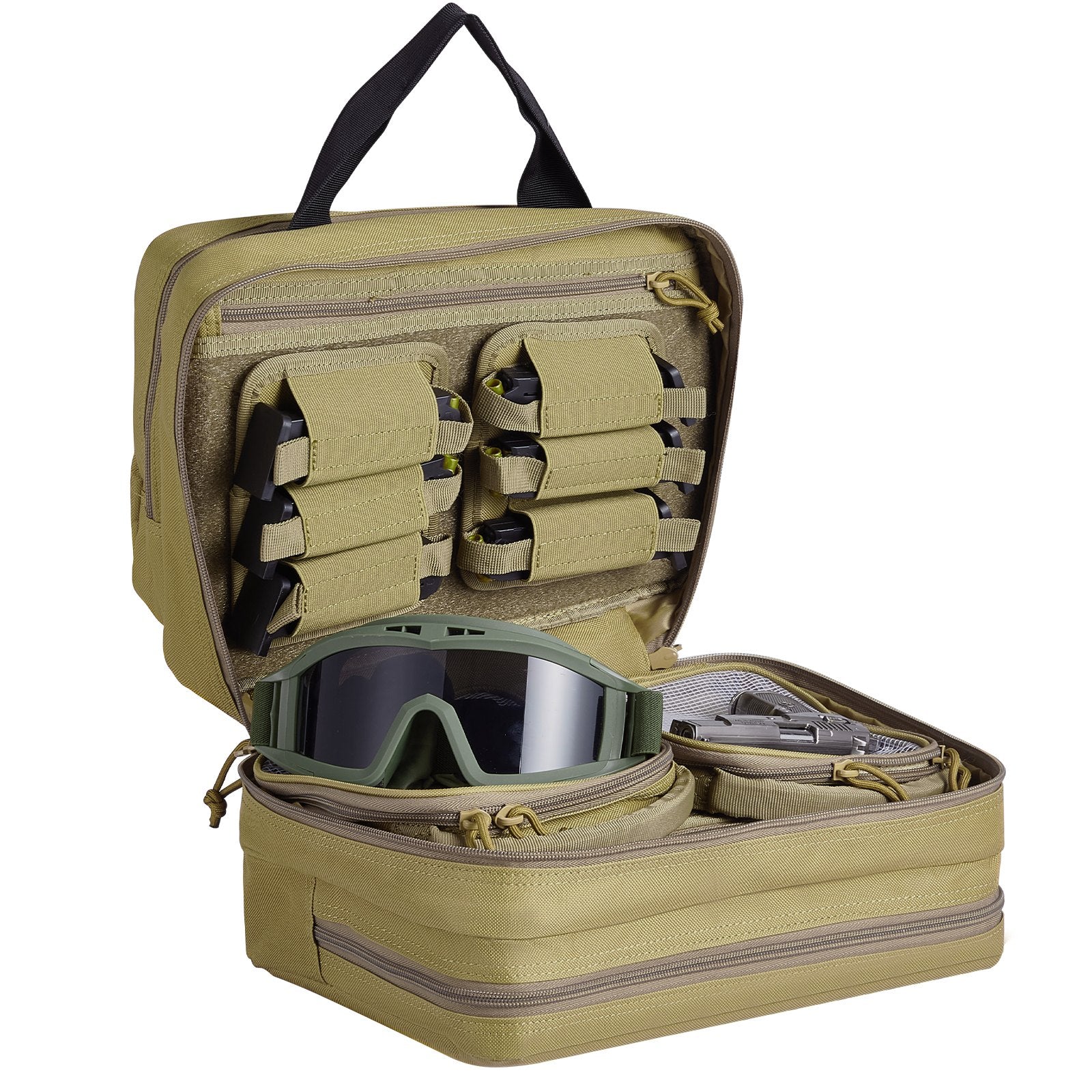 Tactical Range Bag for 2 Pistols with Removable Pistol Bags, 6 Detachable Magazines, Lockable Handgun Case for Hunting & Shooting, Brown