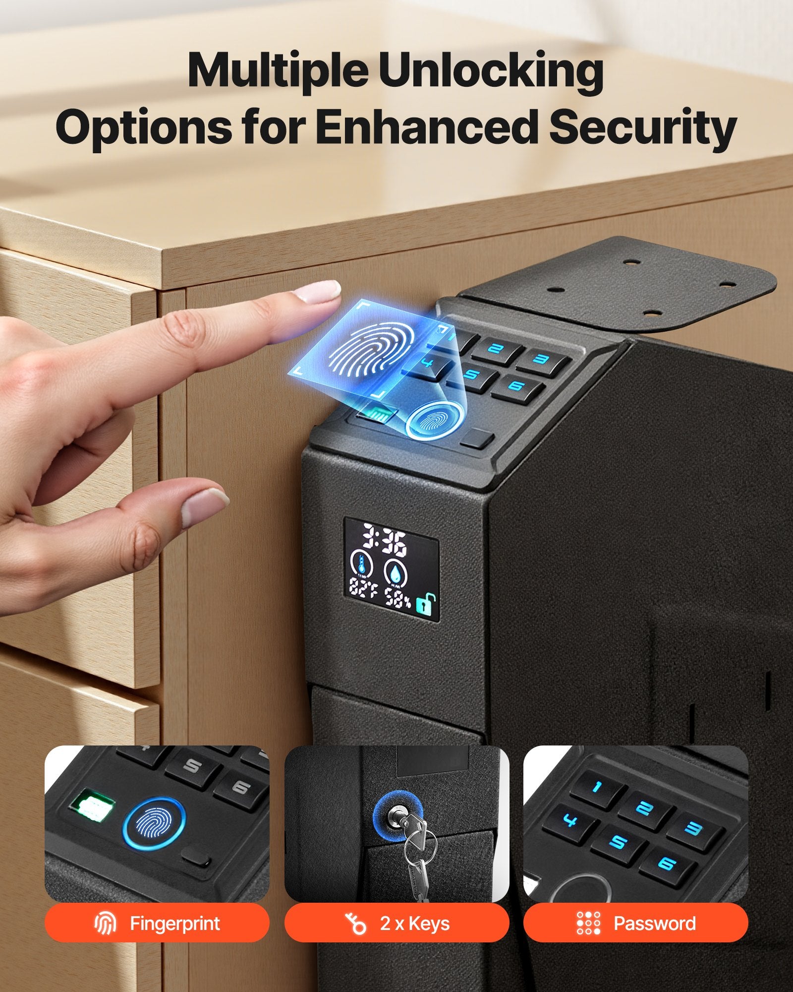 Advanced Gun Safe with Fingerprint, Keypad & Key Access - LED Display, Secure Handgun Box for Nightstand, Desk, Car, Holds 1 Pistol & Magazine