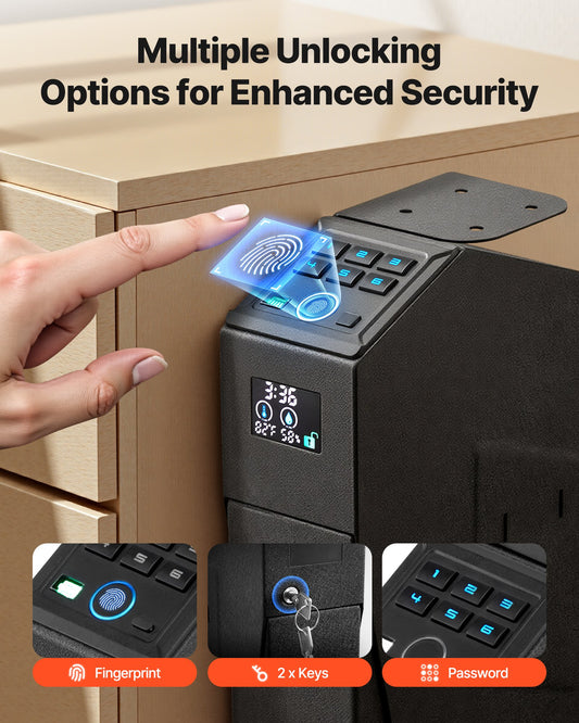 Advanced Gun Safe with Fingerprint, Keypad & Key Access - LED Display, Secure Handgun Box for Nightstand, Desk, Car, Holds 1 Pistol & Magazine