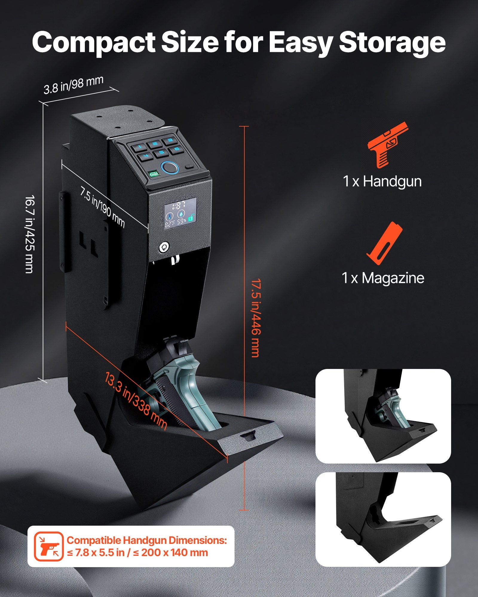 Advanced Gun Safe with Fingerprint, Keypad & Key Access - LED Display, Secure Handgun Box for Nightstand, Desk, Car, Holds 1 Pistol & Magazine