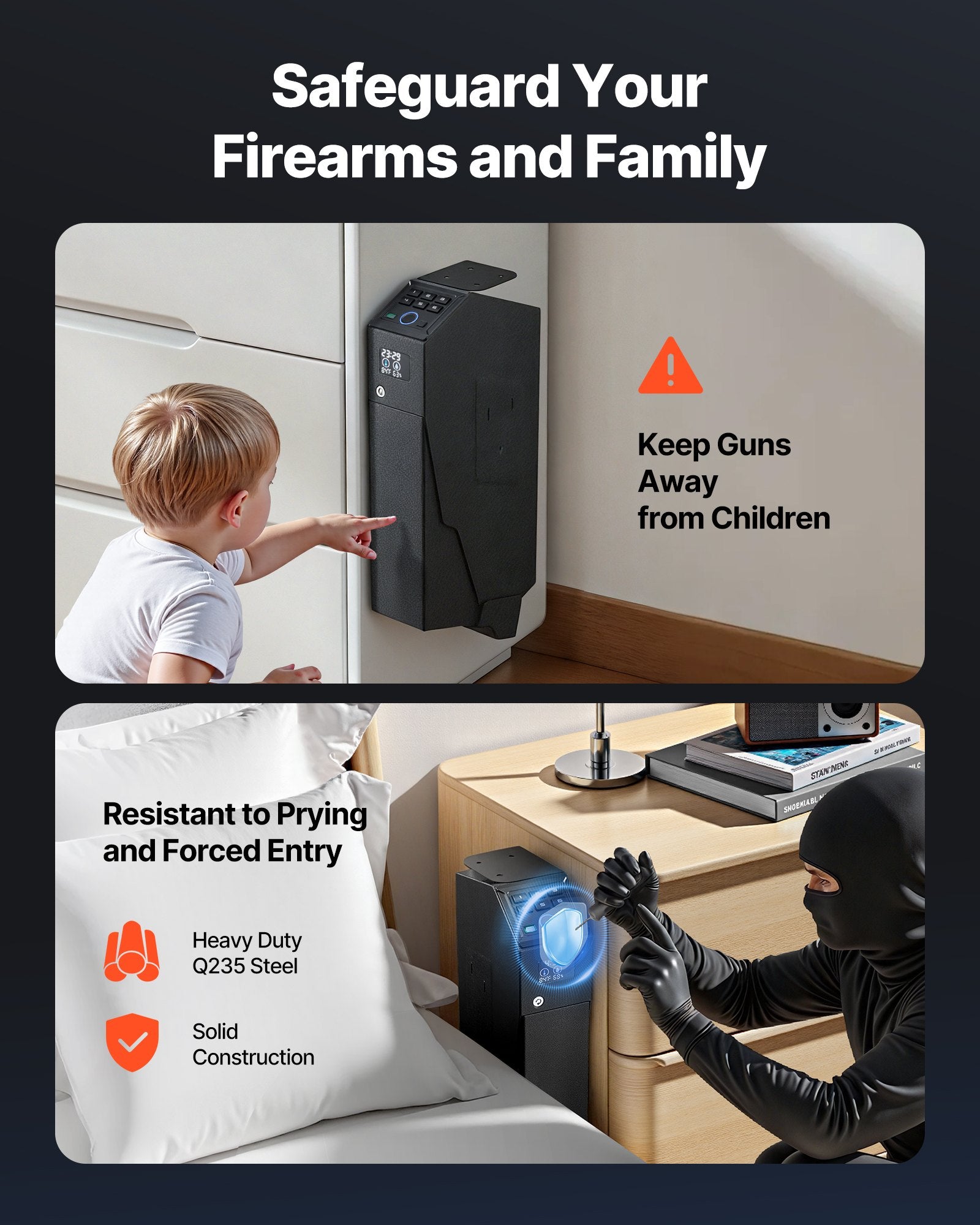 Advanced Gun Safe with Fingerprint, Keypad & Key Access - LED Display, Secure Handgun Box for Nightstand, Desk, Car, Holds 1 Pistol & Magazine