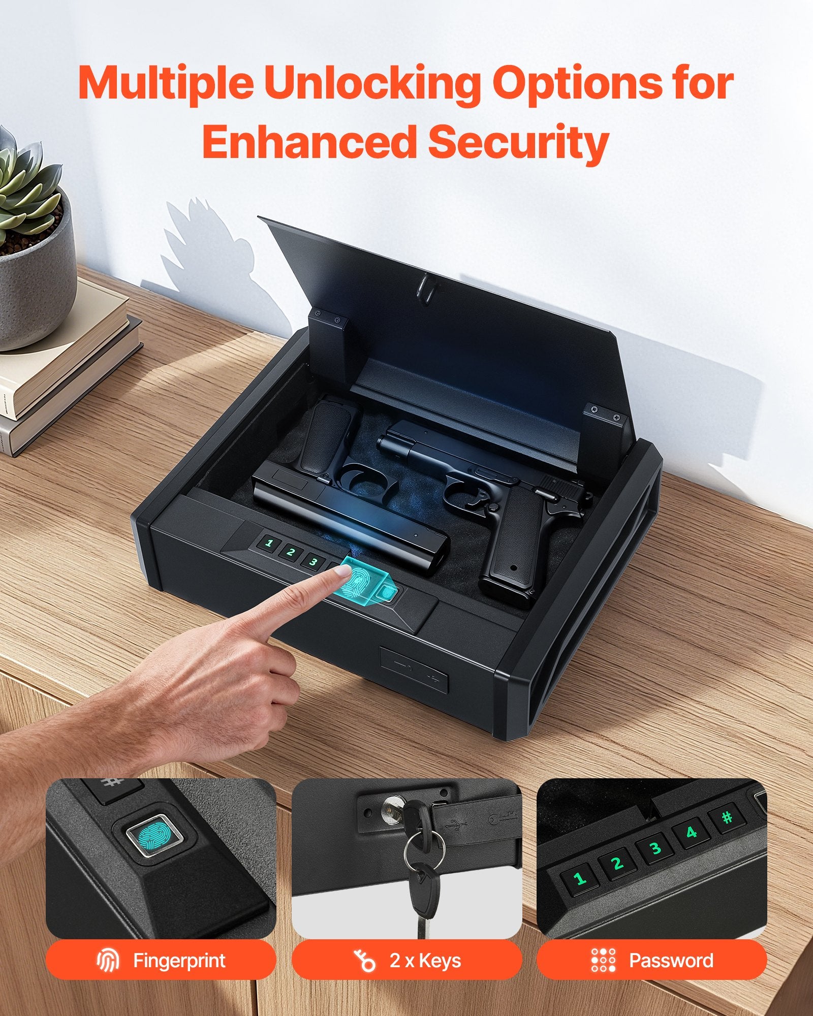 Heavy Duty Handgun Safe with Fingerprint, Password & Key Access, Quick Access Pistol Security Box with Lighting for Nightstand, Desk, Car, Secure Firearm Storage for 2 Pistols & Magazines