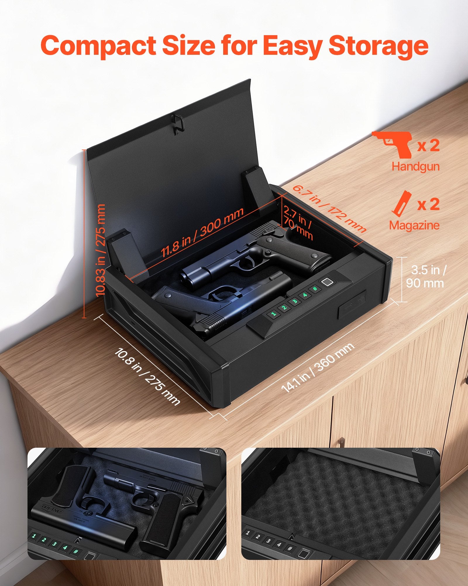 Heavy Duty Handgun Safe with Fingerprint, Password & Key Access, Quick Access Pistol Security Box with Lighting for Nightstand, Desk, Car, Secure Firearm Storage for 2 Pistols & Magazines