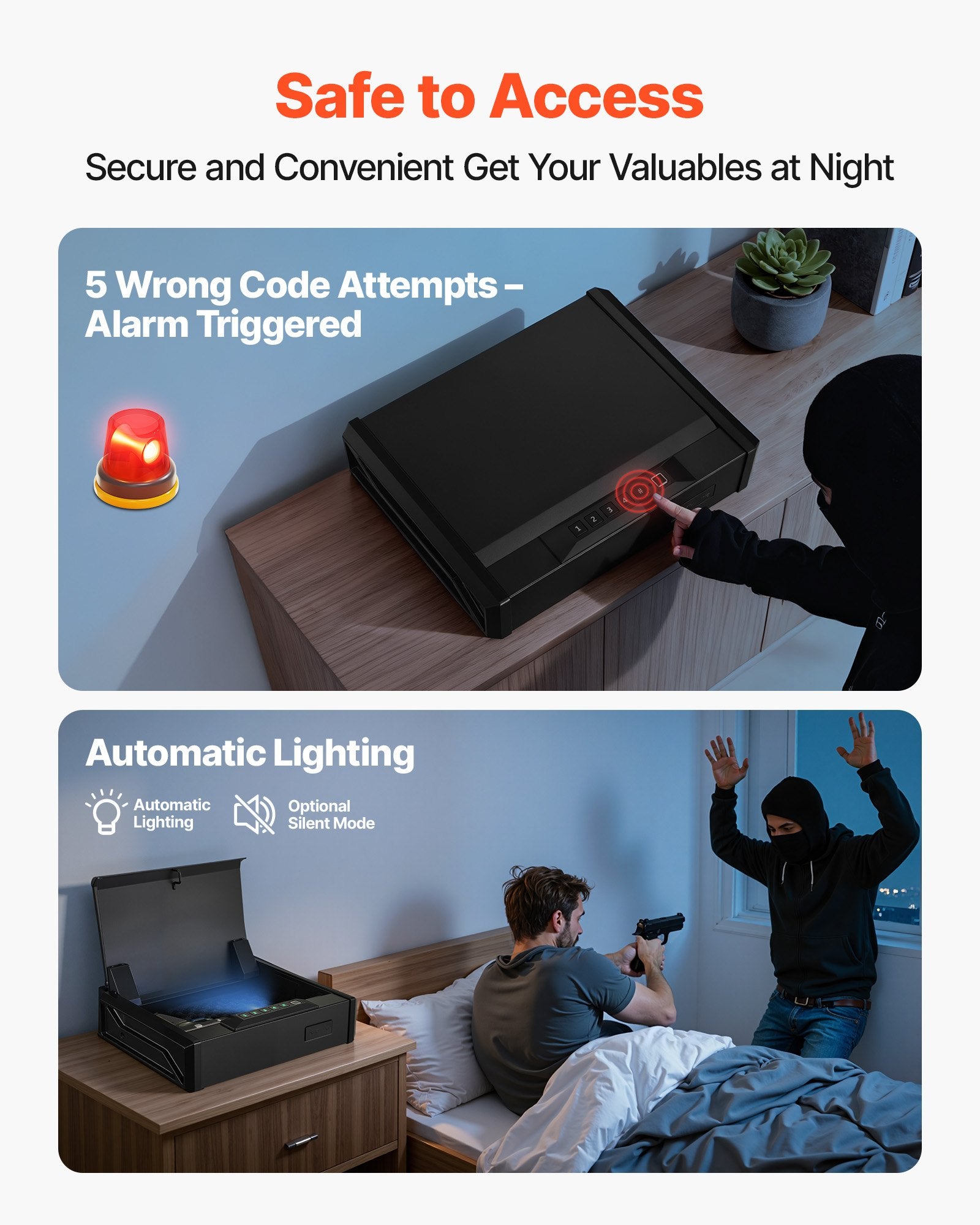 Heavy Duty Handgun Safe with Fingerprint, Password & Key Access, Quick Access Pistol Security Box with Lighting for Nightstand, Desk, Car, Secure Firearm Storage for 2 Pistols & Magazines
