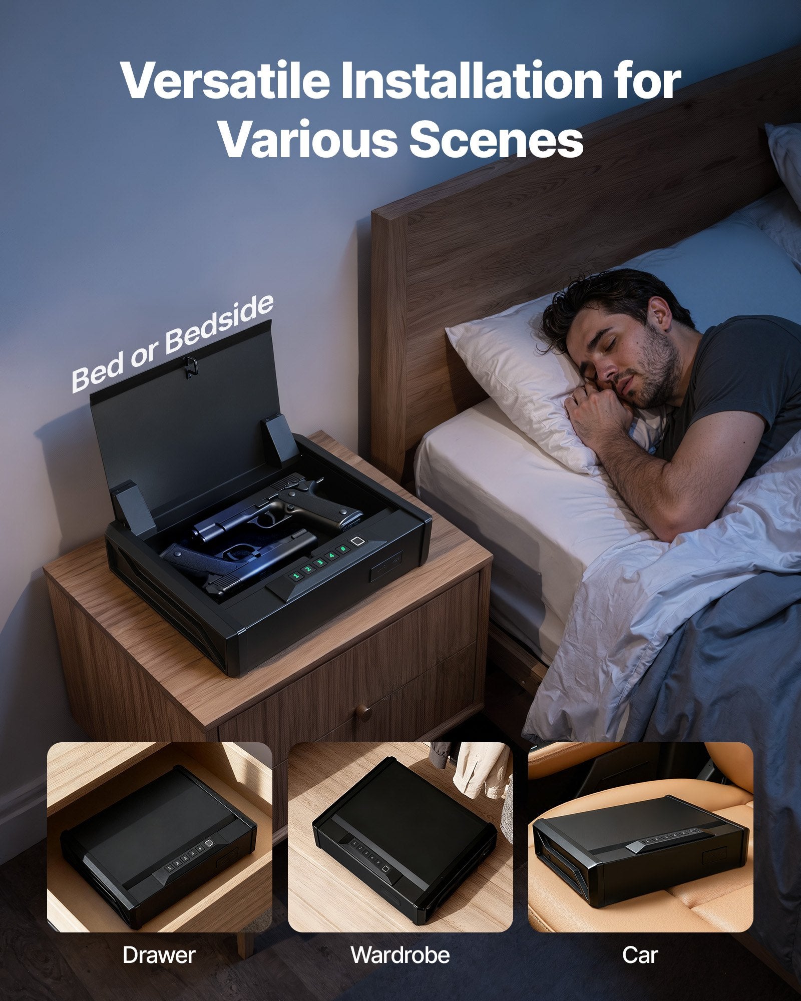 Heavy Duty Handgun Safe with Fingerprint, Password & Key Access, Quick Access Pistol Security Box with Lighting for Nightstand, Desk, Car, Secure Firearm Storage for 2 Pistols & Magazines