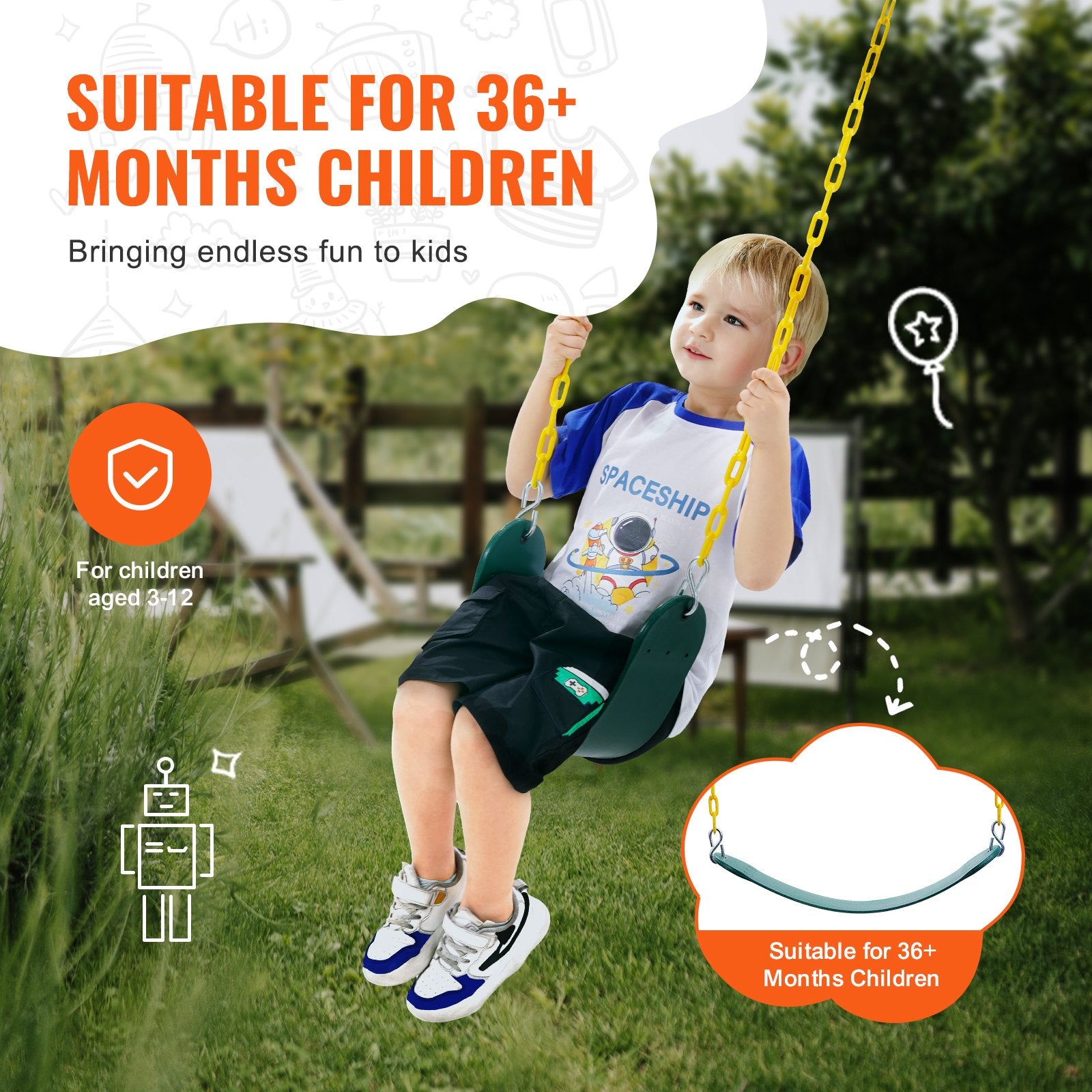 Green 2-Pack Swing Seats with 66-Inch Chains & Snap Hooks, 300 lbs Capacity, Outdoor/Indoor Kids Swing Set Replacement Accessories