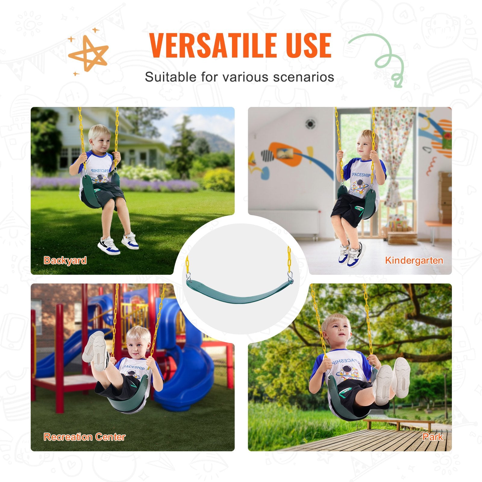 Green 2-Pack Swing Seats with 66-Inch Chains & Snap Hooks, 300 lbs Capacity, Outdoor/Indoor Kids Swing Set Replacement Accessories