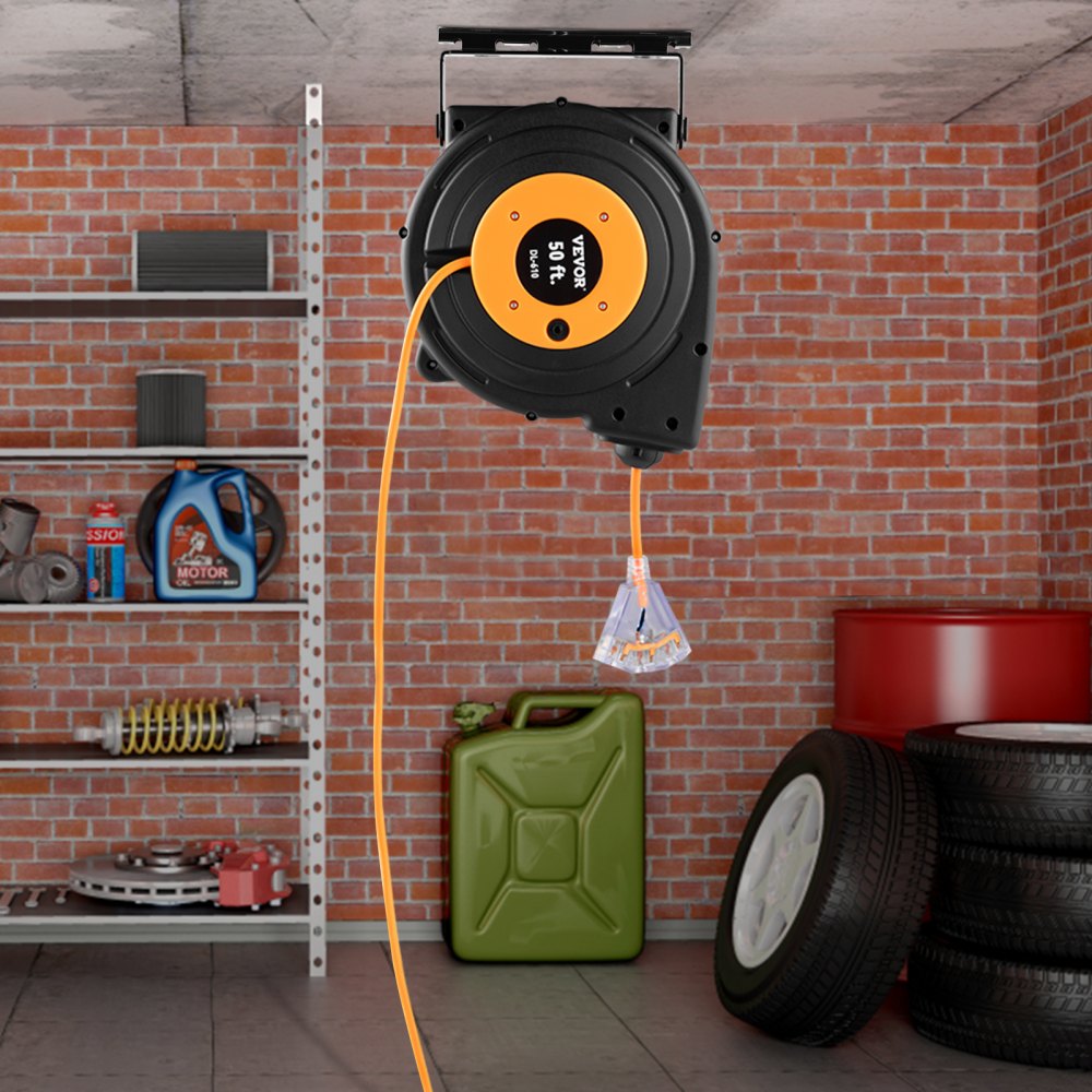 Tuspuzz Retractable Extension Reel, 50 FT Heavy Duty 14AWG/3C SJTOW Power Cord with Lighted Triple Tap Outlet, 13 Amp Circuit Breaker, 180° Swivel Bracket for Ceiling or Wall Tested to UL Standards