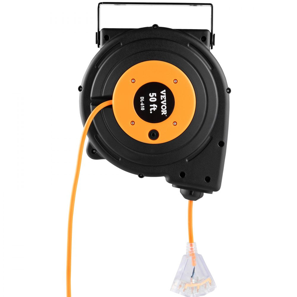 Tuspuzz Retractable Extension Reel, 50 FT Heavy Duty 14AWG/3C SJTOW Power Cord with Lighted Triple Tap Outlet, 13 Amp Circuit Breaker, 180° Swivel Bracket for Ceiling or Wall Tested to UL Standards