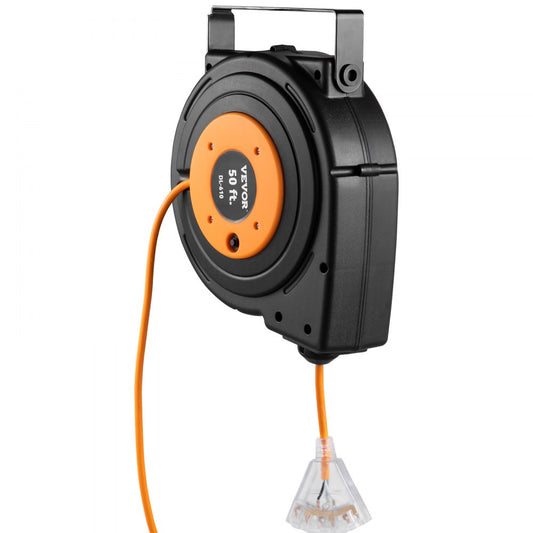 Tuspuzz Retractable Extension Reel, 50 FT Heavy Duty 14AWG/3C SJTOW Power Cord with Lighted Triple Tap Outlet, 13 Amp Circuit Breaker, 180° Swivel Bracket for Ceiling or Wall Tested to UL Standards