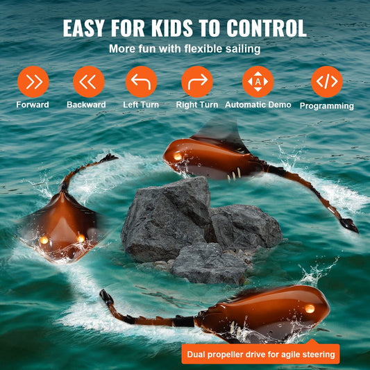 High Simulation Remote Control Manta Ray with Lights, 2.4GHz Swimming Toy for Kids, Pool & Lake RC Boat with Dual Propeller & Rechargeable Batteries