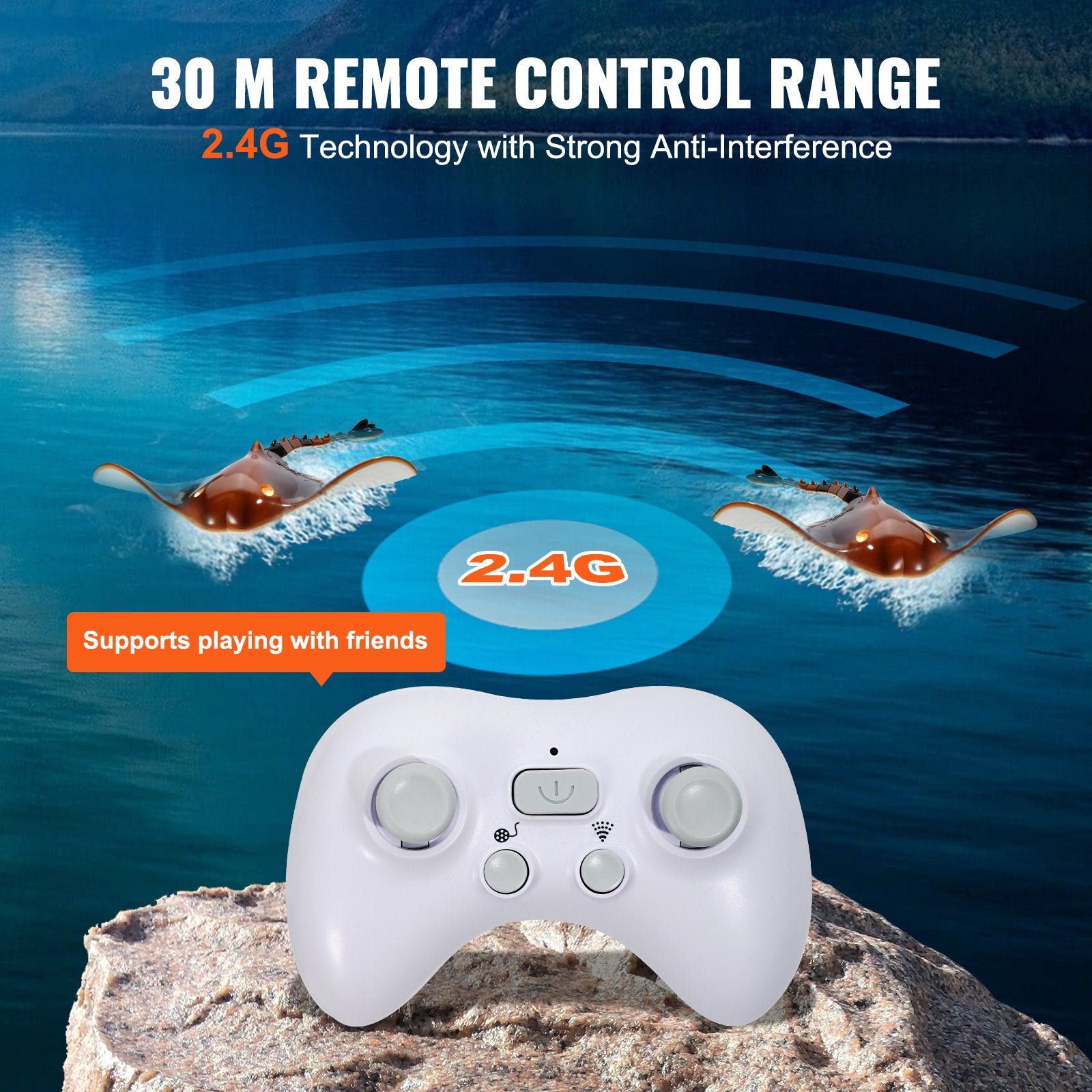High Simulation Remote Control Manta Ray with Lights, 2.4GHz Swimming Toy for Kids, Pool & Lake RC Boat with Dual Propeller & Rechargeable Batteries
