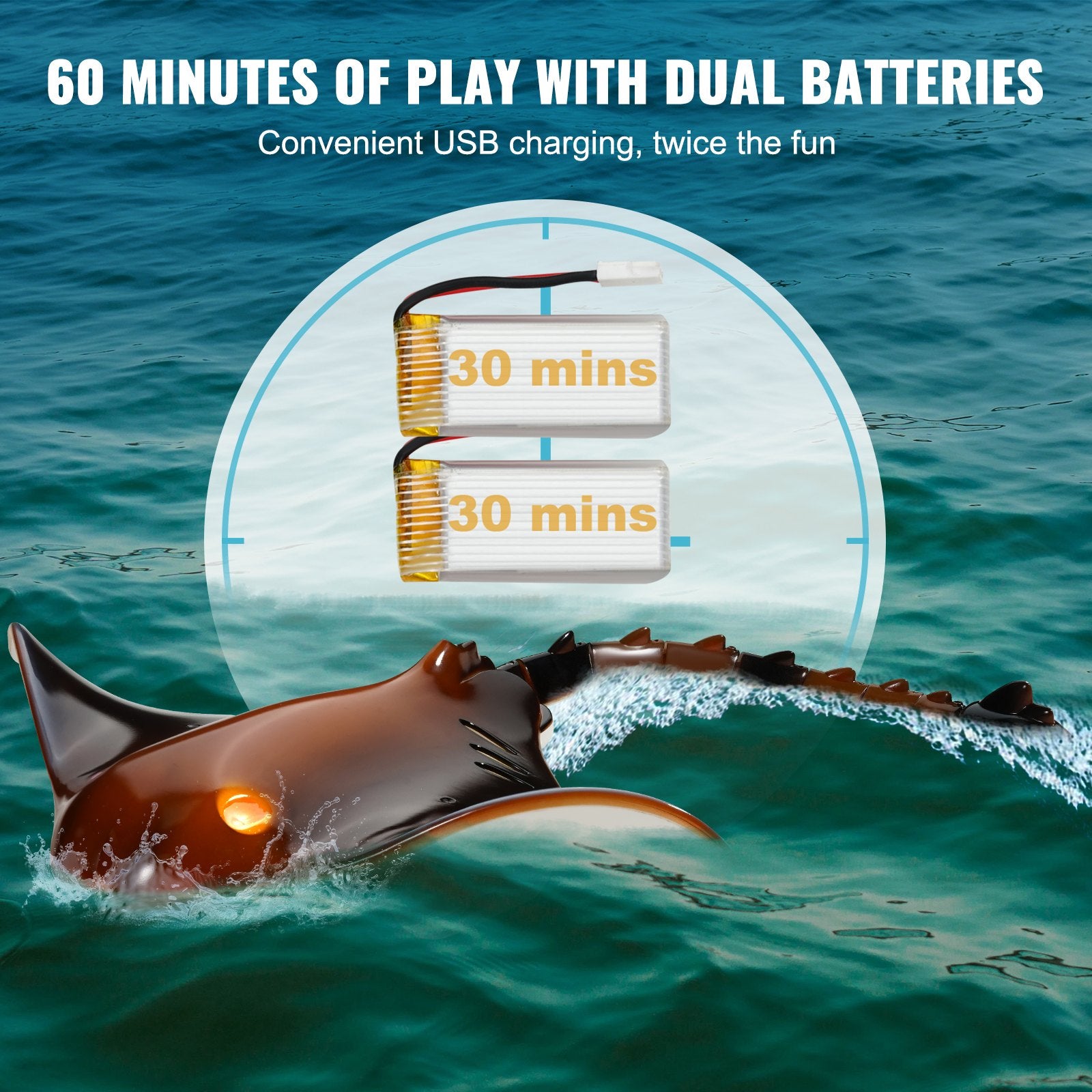 High Simulation Remote Control Manta Ray with Lights, 2.4GHz Swimming Toy for Kids, Pool & Lake RC Boat with Dual Propeller & Rechargeable Batteries