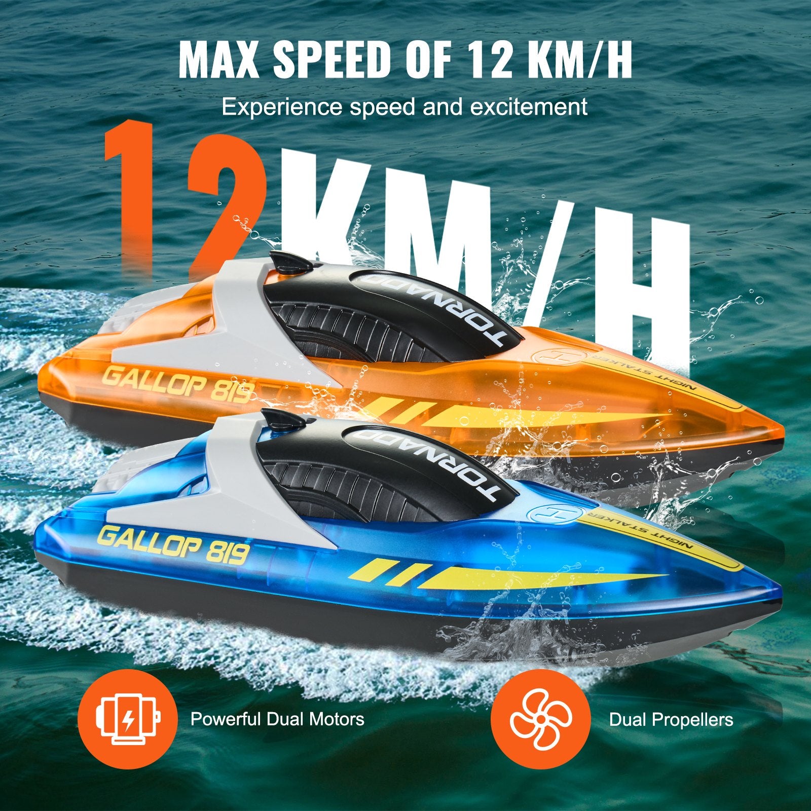 Dual Pack RC Racing Boats with LED Lights - 2.4GHz, 12 km/h Speed, Waterproof, Rechargeable, Perfect for Pools & Lakes, Gifts for All Ages