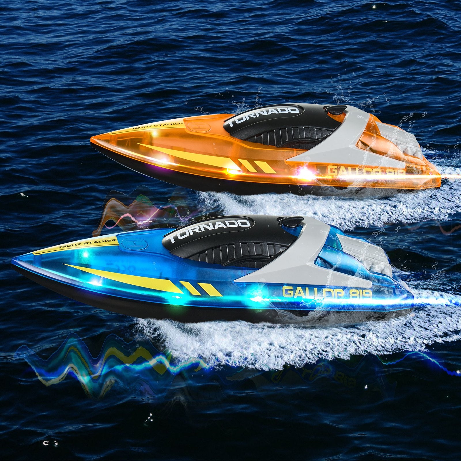 Dual Pack RC Racing Boats with LED Lights - 2.4GHz, 12 km/h Speed, Waterproof, Rechargeable, Perfect for Pools & Lakes, Gifts for All Ages