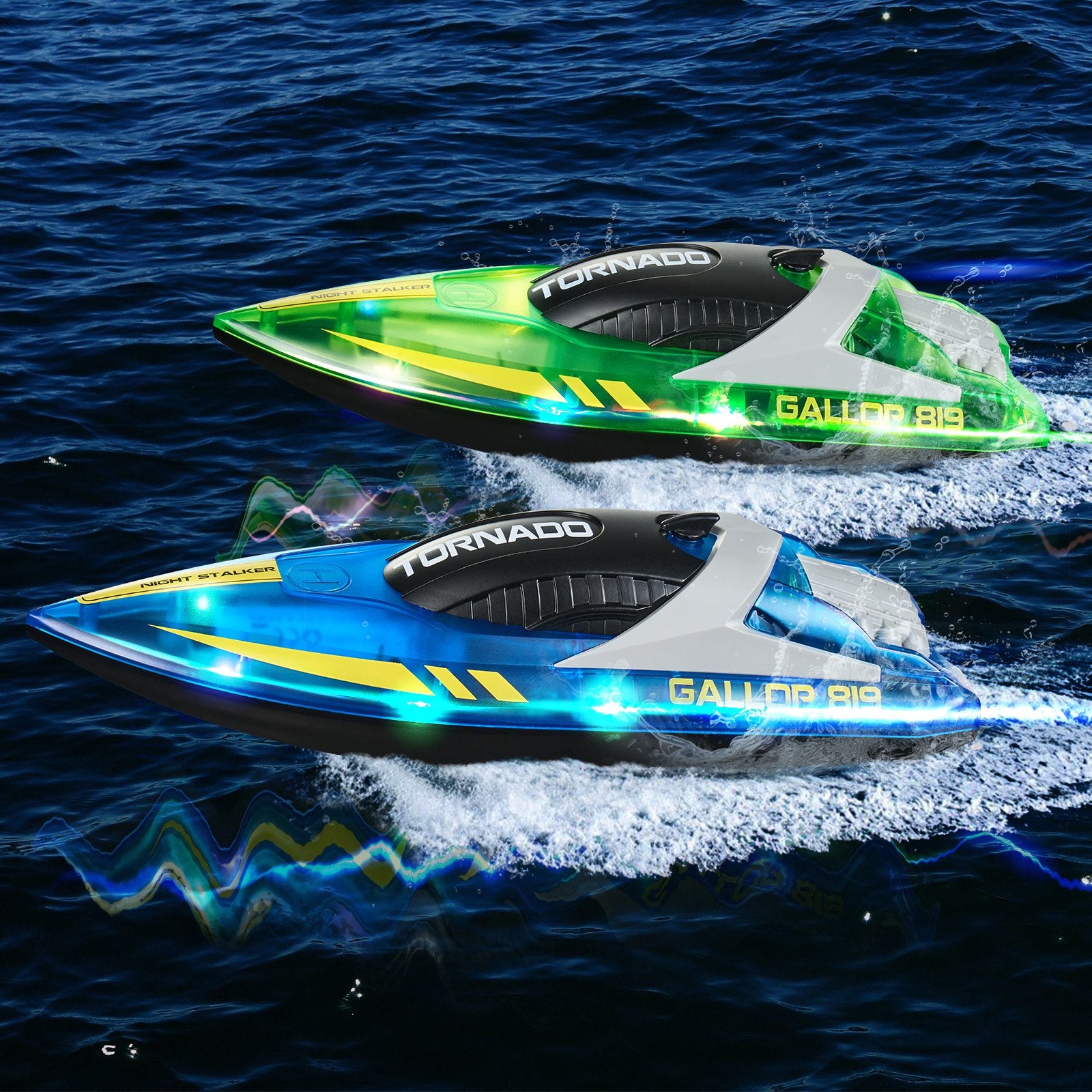 Dual Pack RC Racing Boats with LED Lights - 2.4GHz, 12 km/h, Waterproof, Rechargeable, Perfect Gift for Pools, Lakes, Adults & Kids