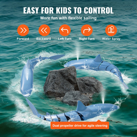 High Simulation RC Shark Toy, 2.4GHz Remote Control Boat with Lights, Spray, Dual Propellers & 2 Batteries for Kids - Pool & Bath Fun