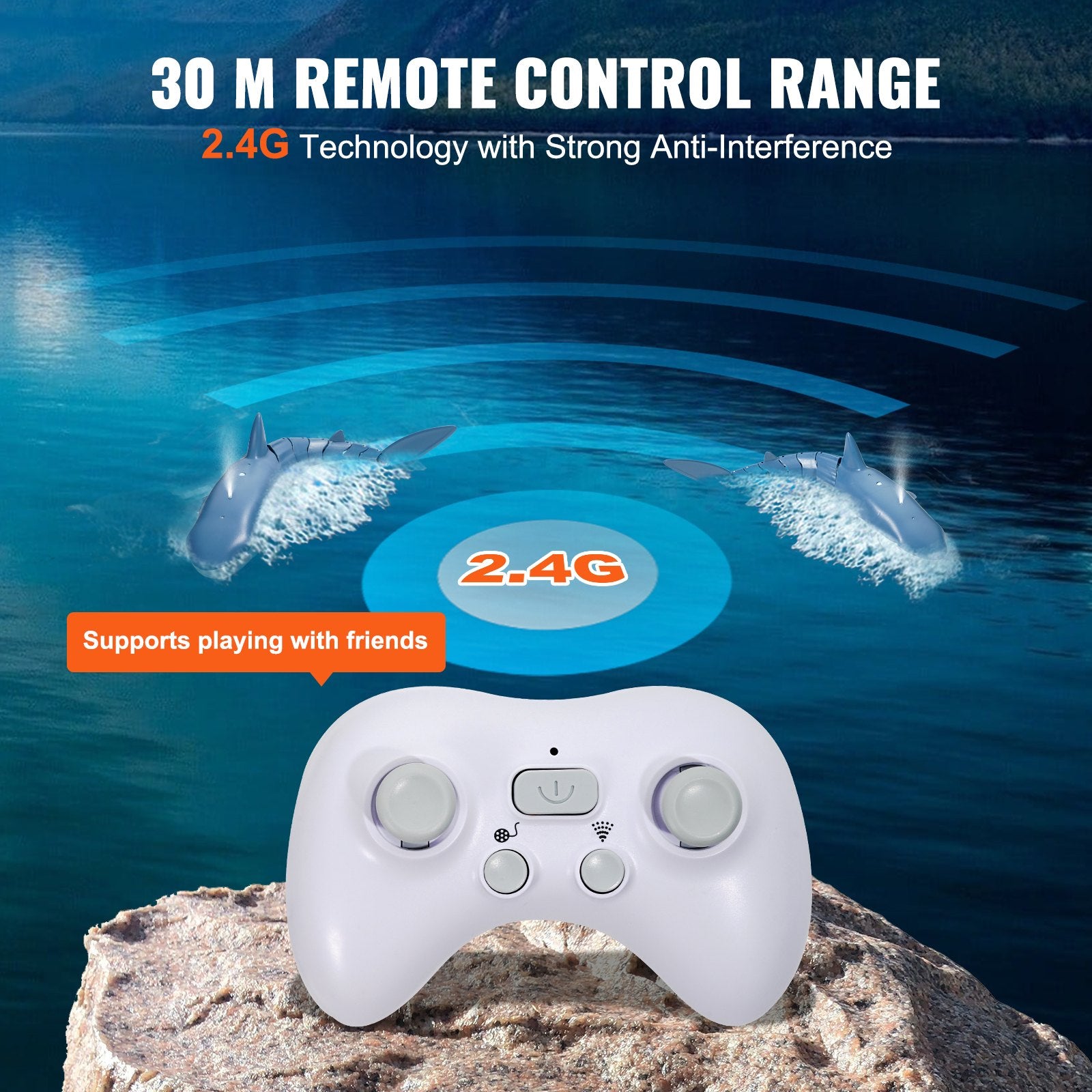 High Simulation RC Shark Toy, 2.4GHz Remote Control Boat with Lights, Spray, Dual Propellers & 2 Batteries for Kids - Pool & Bath Fun