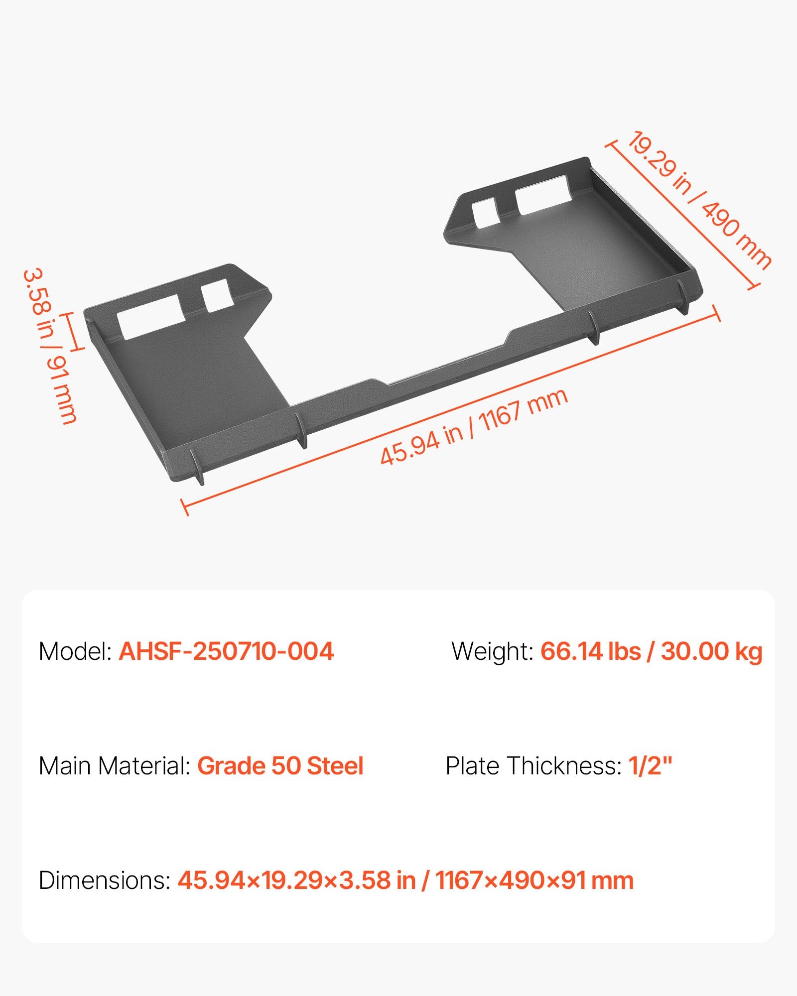 Universal Quick Attach Skid Steer Mount Plate, Heavy-Duty 1/2" Steel, 6000lbs Capacity for Kubota, Bobcat Loaders & Tractors, Easy Bolt-On Design